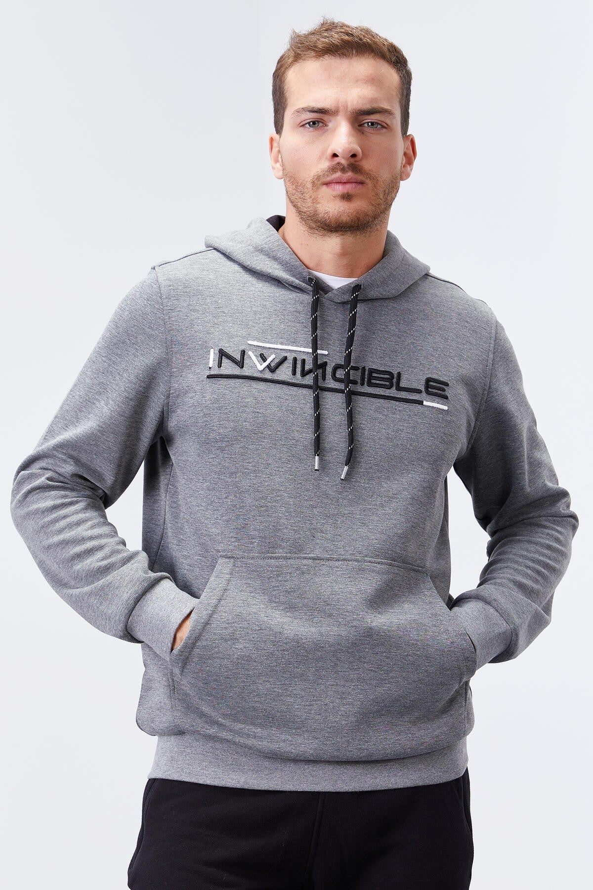 Image of Gri Melanj Kanguru Cep Standart Kalıp Kapüşonlu Erkek Sweatshirt - 87883