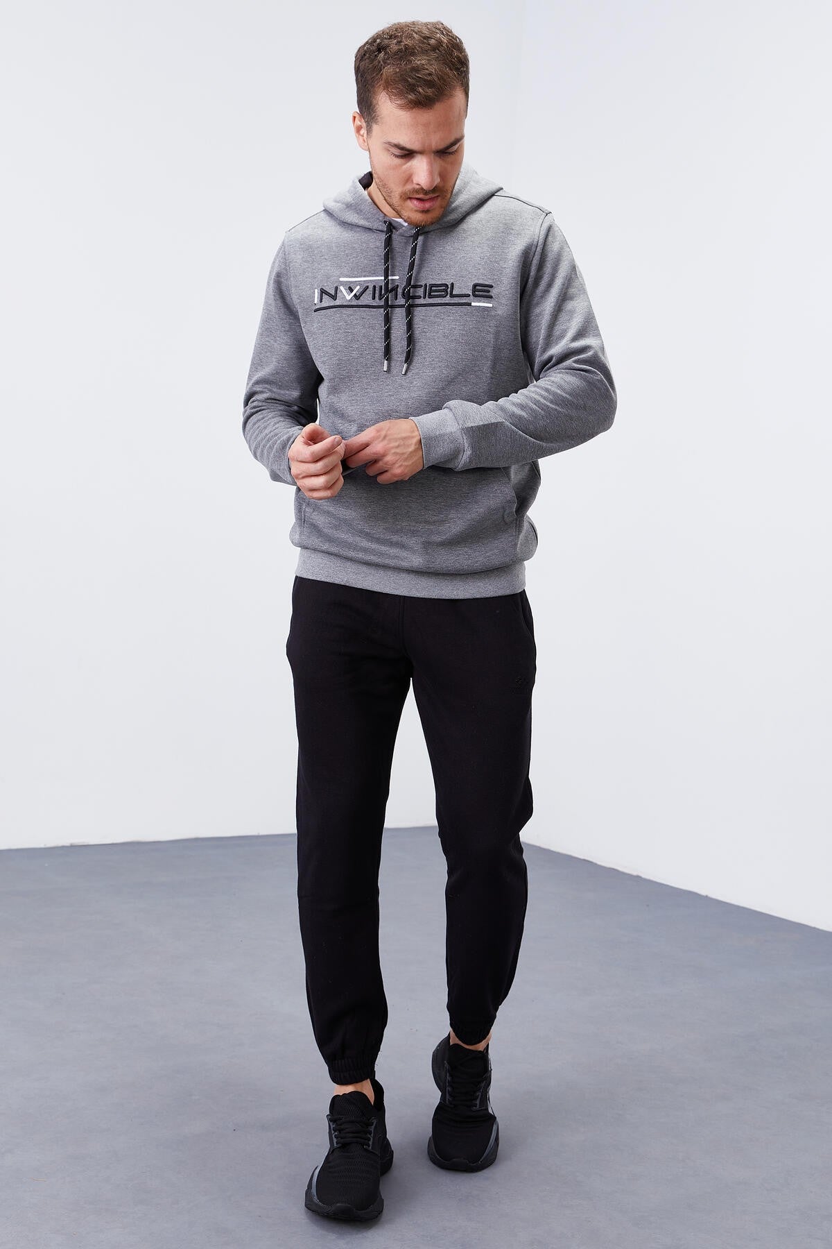 Image of Gri Melanj Kanguru Cep Standart Kalıp Kapüşonlu Erkek Sweatshirt - 87883