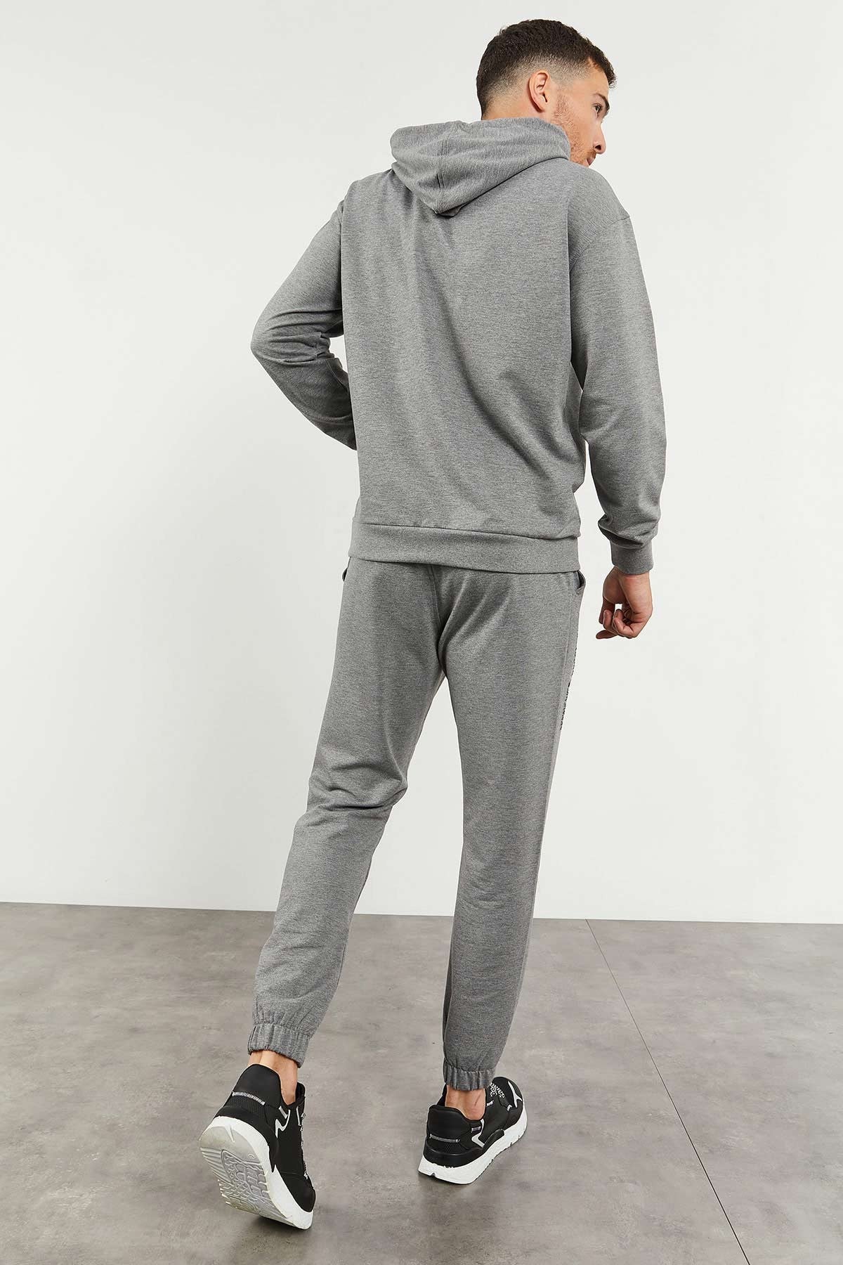 Image of Gri Melanj Kapüşonlu Kanguru Cep Lastik Paça Erkek Oversize Eşofman Takımı - 85117