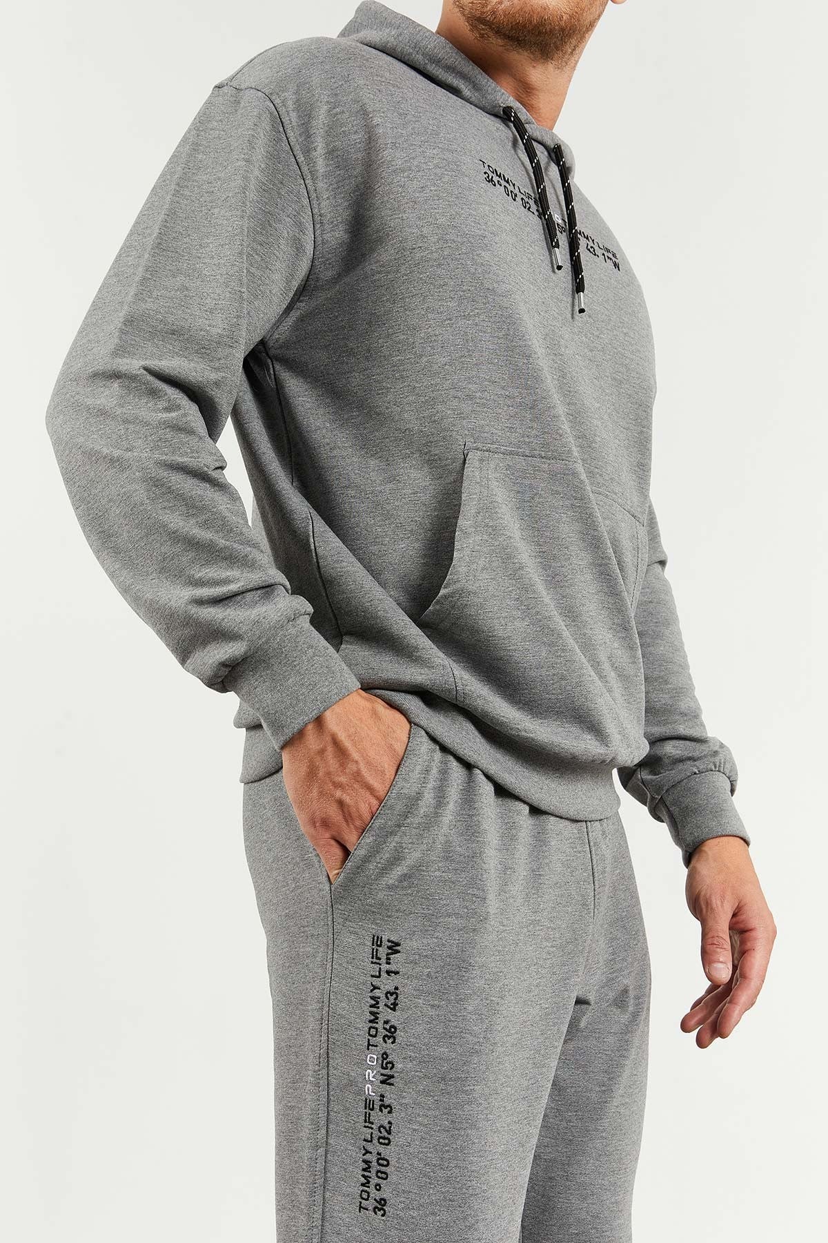 Image of Gri Melanj Kapüşonlu Kanguru Cep Lastik Paça Erkek Oversize Eşofman Takımı - 85117
