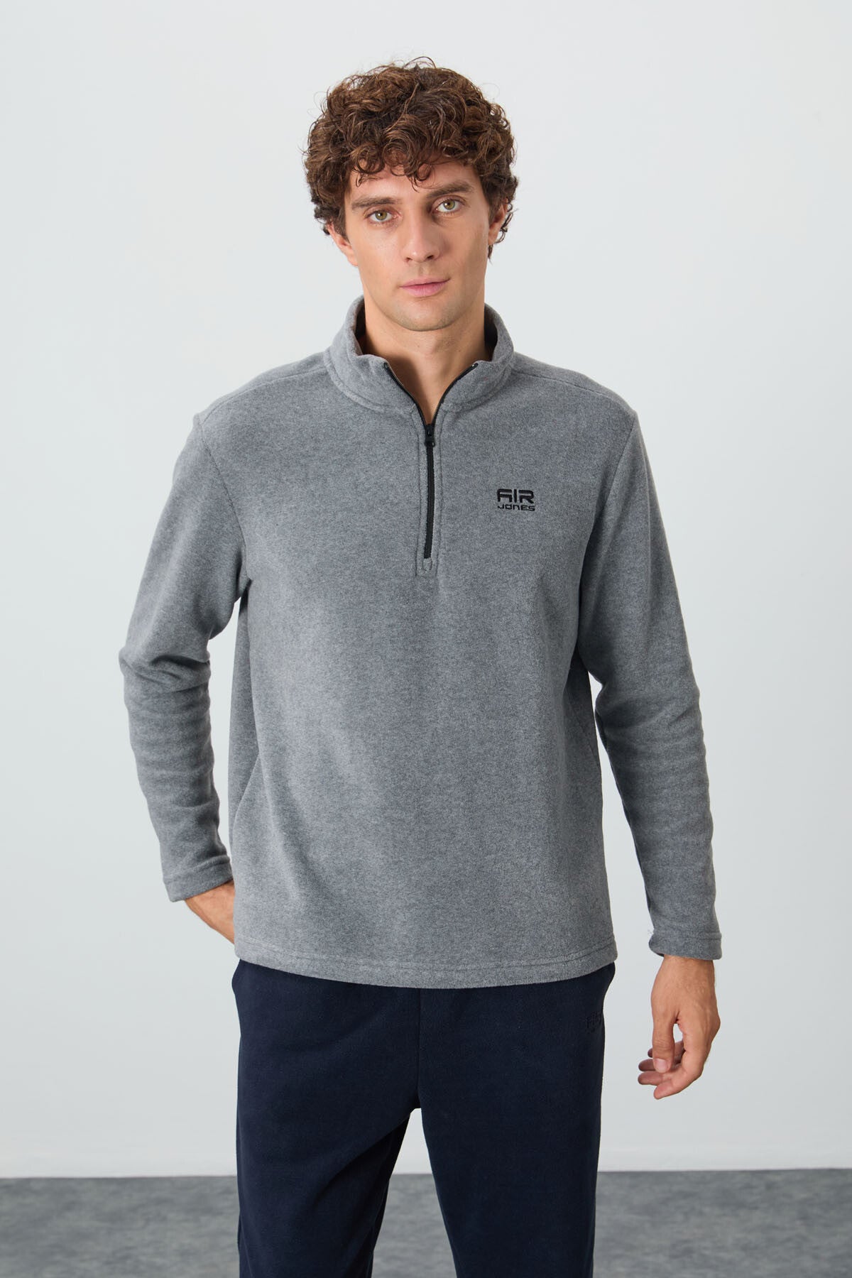 Image of Hanorac din fleece pentru bărbați, River Grey Melange, cu guler înalt - 88310