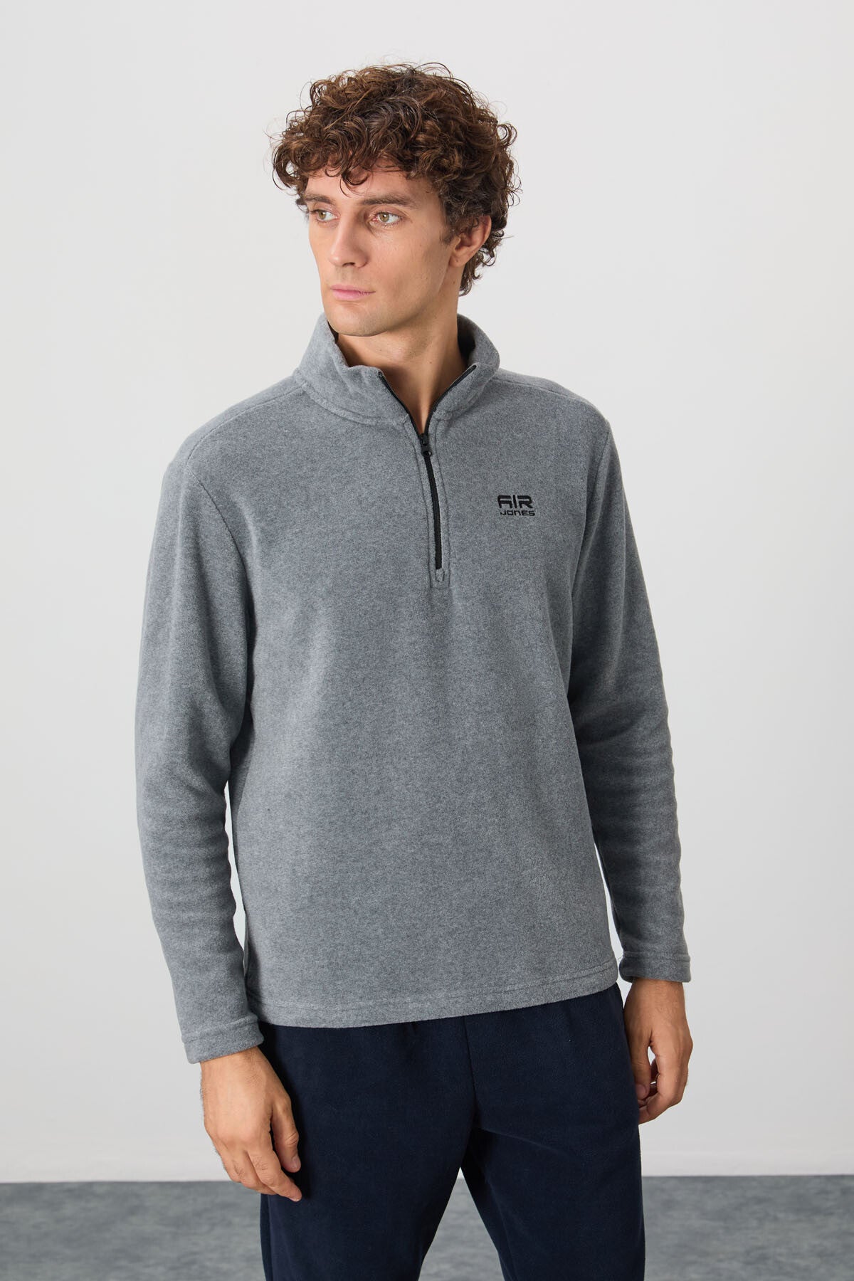 Image of Hanorac din fleece pentru bărbați, River Grey Melange, cu guler înalt - 88310