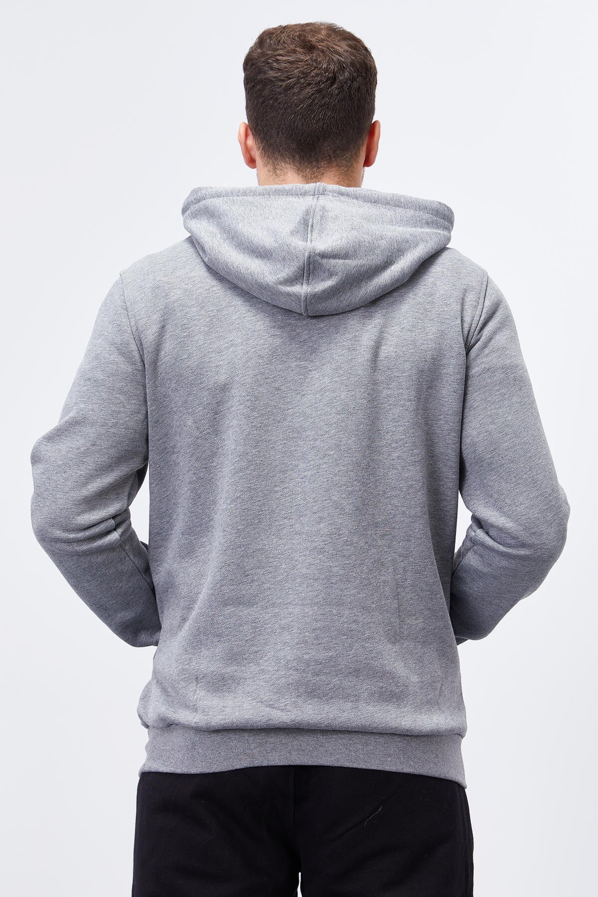 Image of Gri Melanj Nakışlı Kanguru Cep Standart Kalıp Kapüşonlu Erkek Sweatshirt - 87839