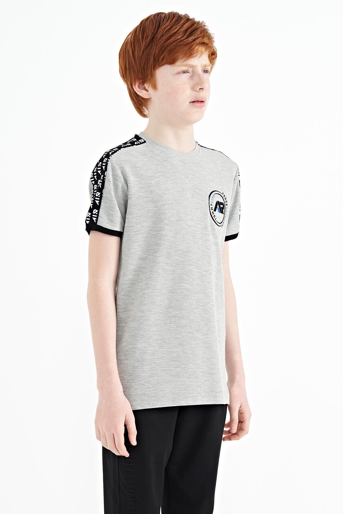 Image of Gri Melanj Omuz Baskı Detaylı Standart Kalıp O Yaka Erkek Çocuk T-Shirt - 11121