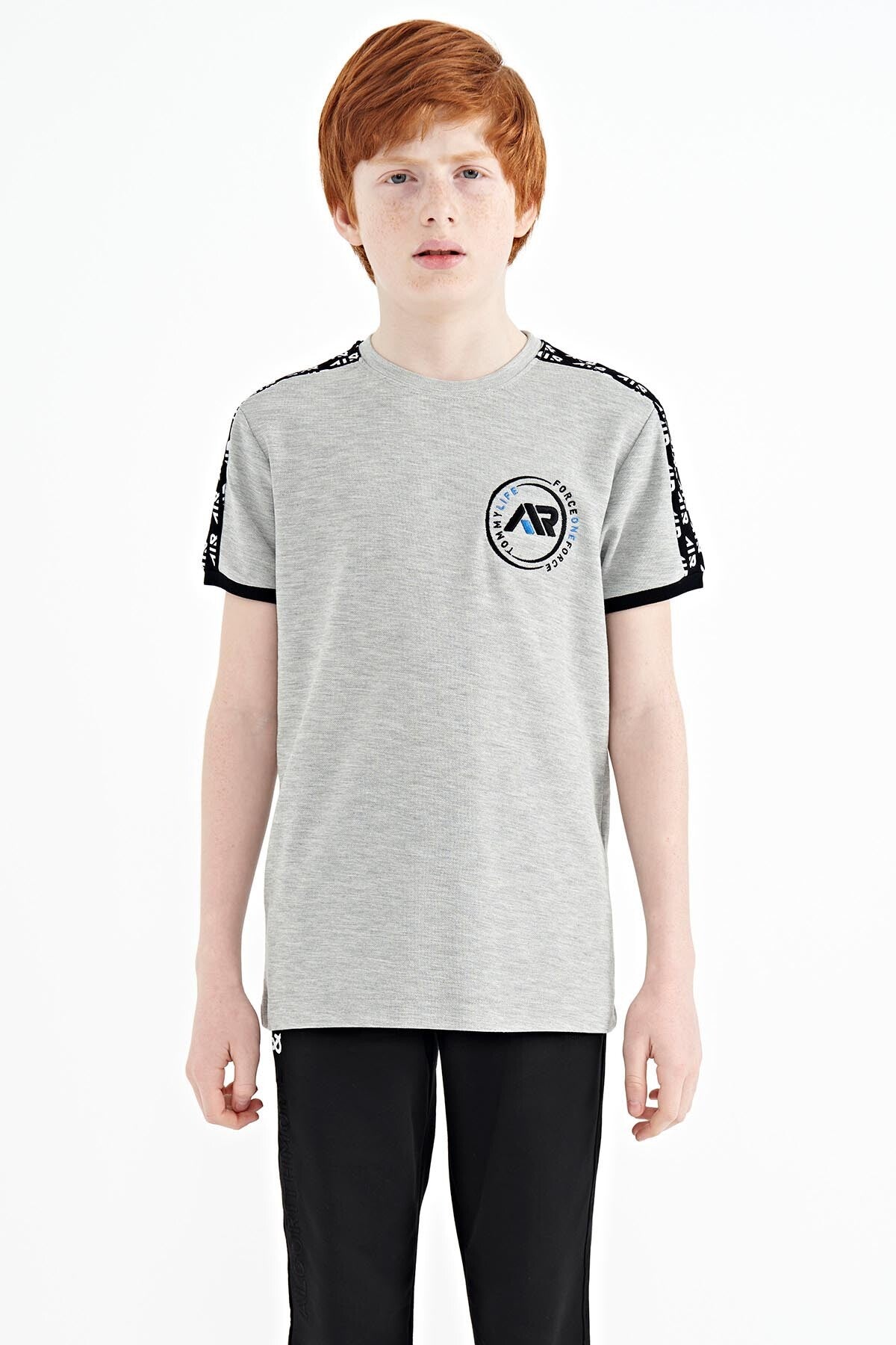 Image of Gri Melanj Omuz Baskı Detaylı Standart Kalıp O Yaka Erkek Çocuk T-Shirt - 11121