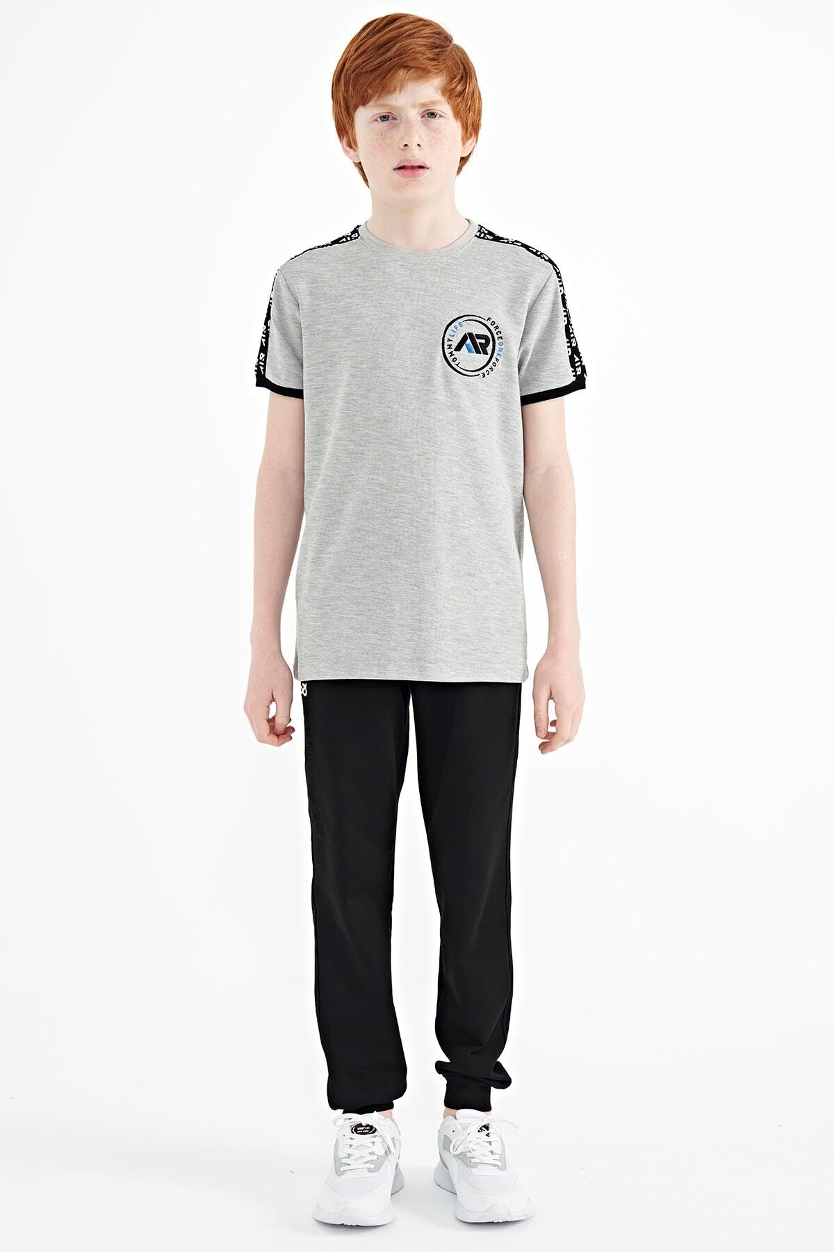 Image of Gri Melanj Omuz Baskı Detaylı Standart Kalıp O Yaka Erkek Çocuk T-Shirt - 11121