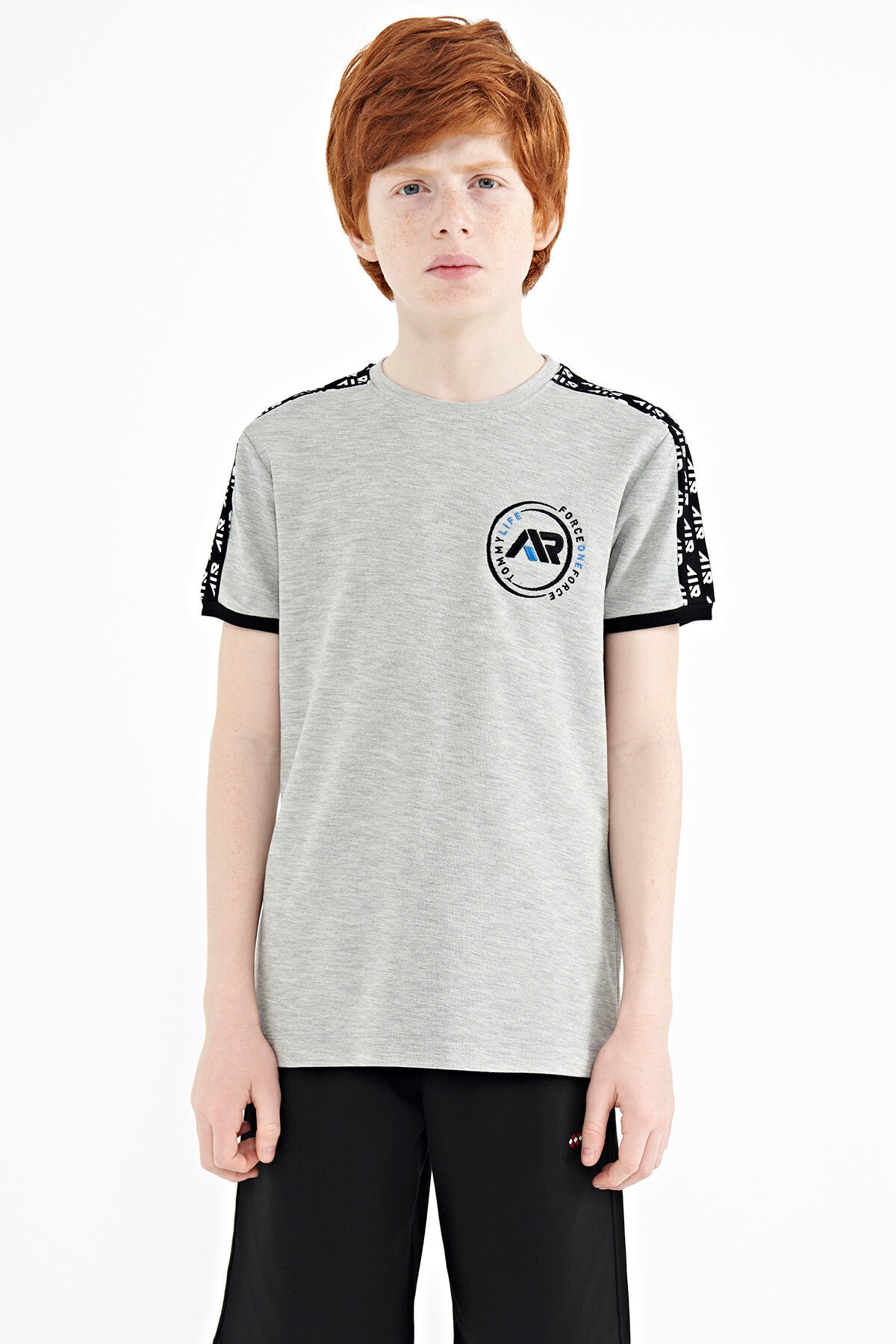 Image of Gri Melanj Omuz Baskı Detaylı Standart Kalıp O Yaka Erkek Çocuk T-Shirt - 11121