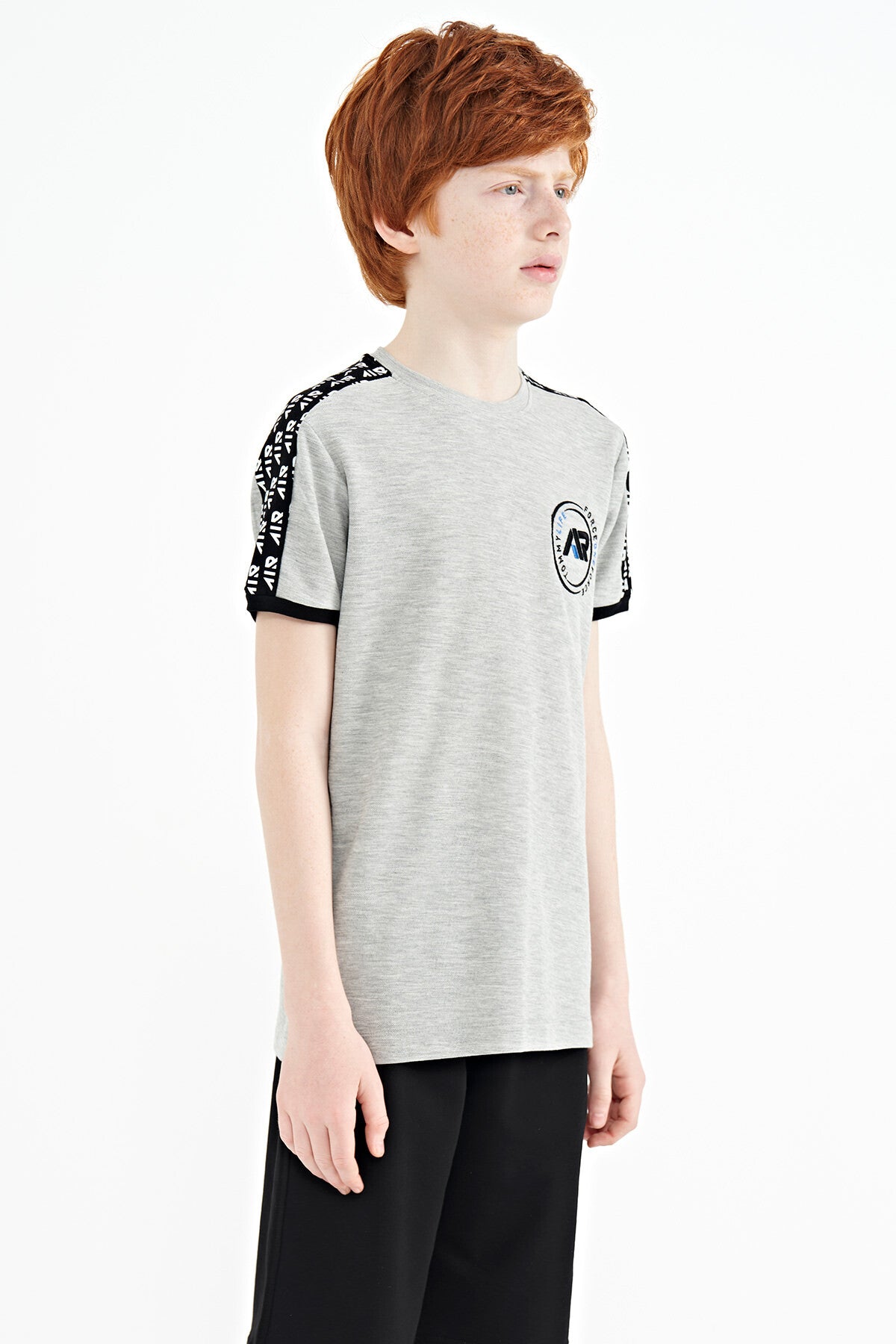 Image of Gri Melanj Omuz Baskı Detaylı Standart Kalıp O Yaka Erkek Çocuk T-Shirt - 11121