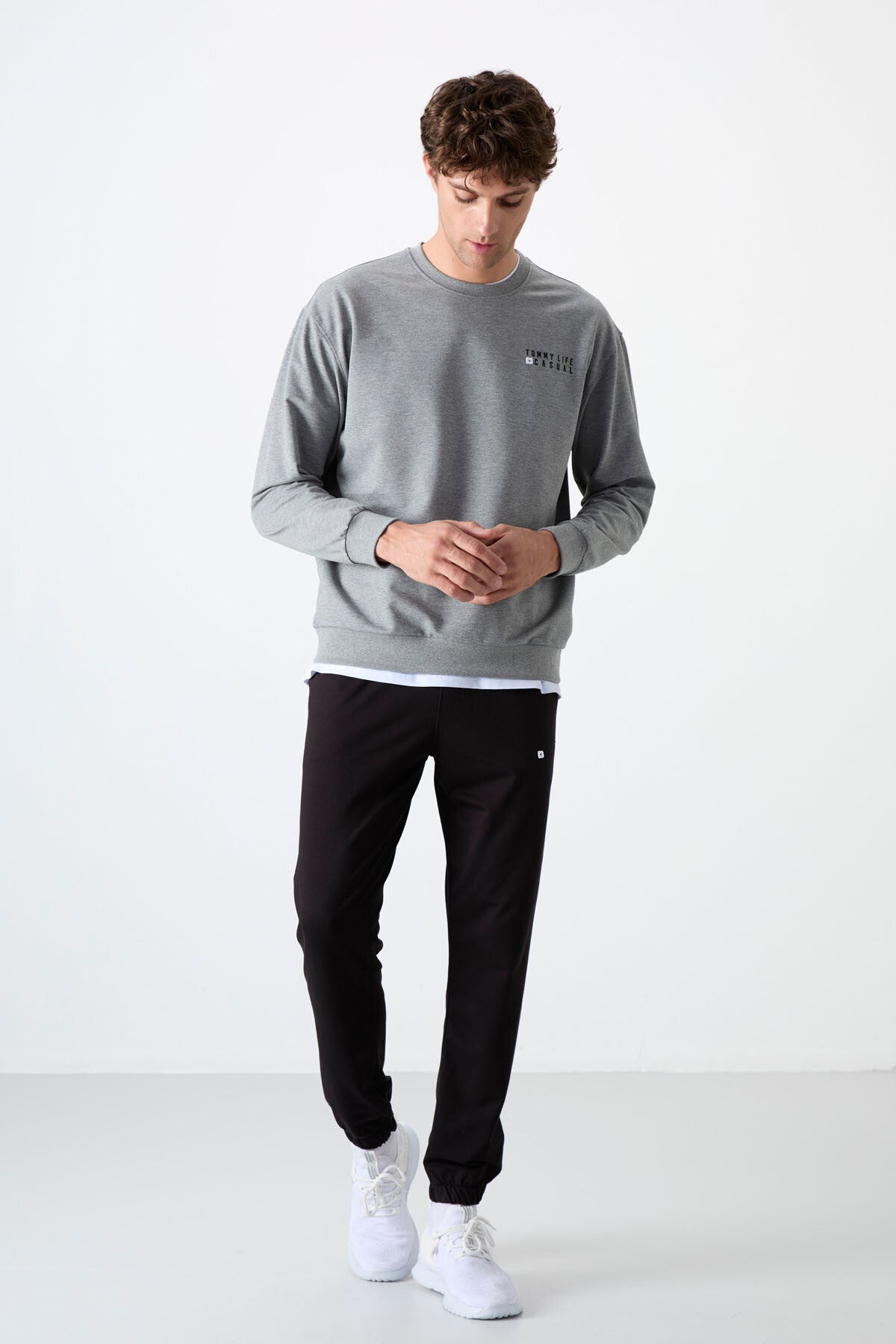 Image of Gri Melanj - Siyah Casual O Yaka Lastik Paça Pamuklu Erkek Oversize Eşofman Takımı - 85120