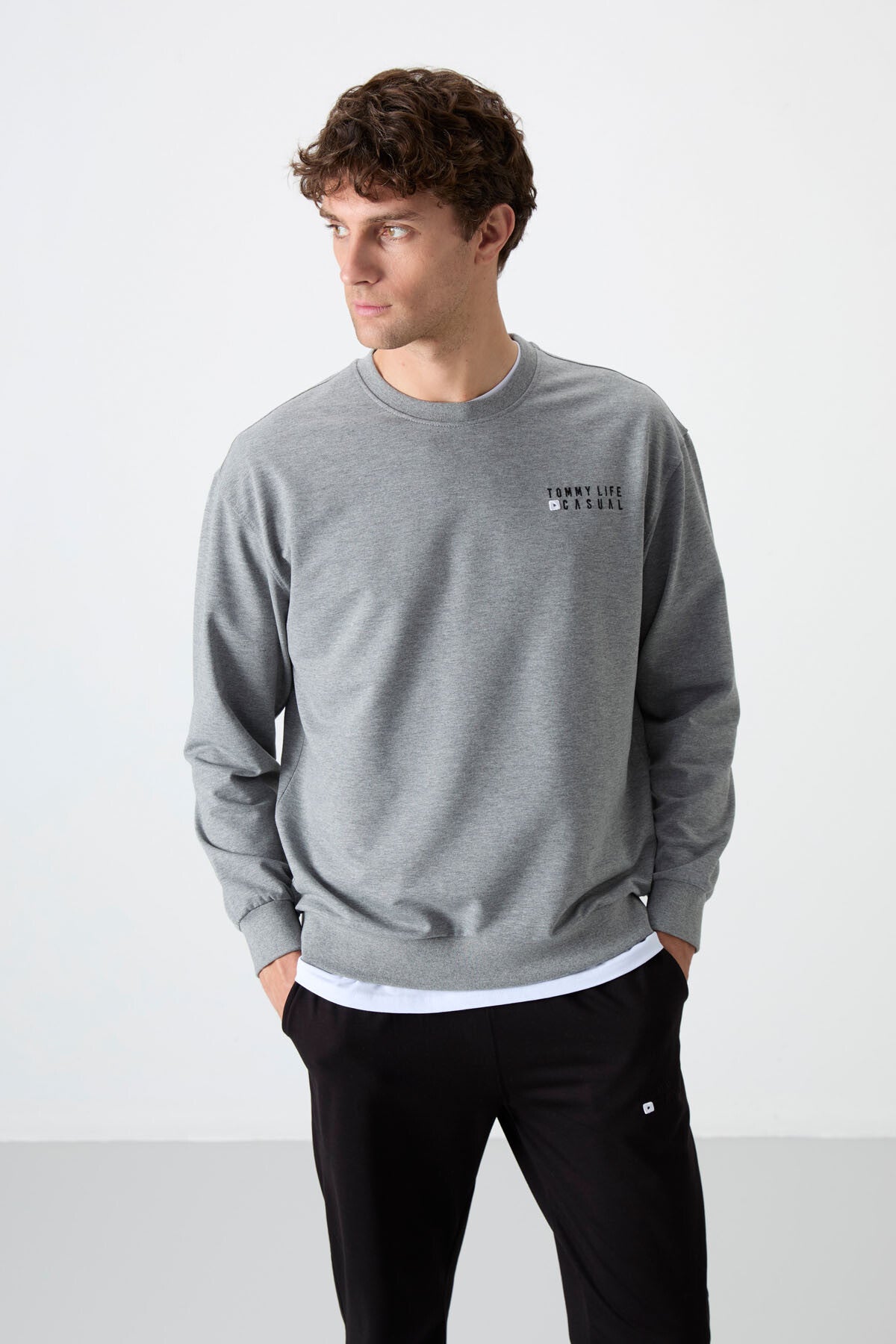 Image of Gri Melanj - Siyah Casual O Yaka Lastik Paça Pamuklu Erkek Oversize Eşofman Takımı - 85120
