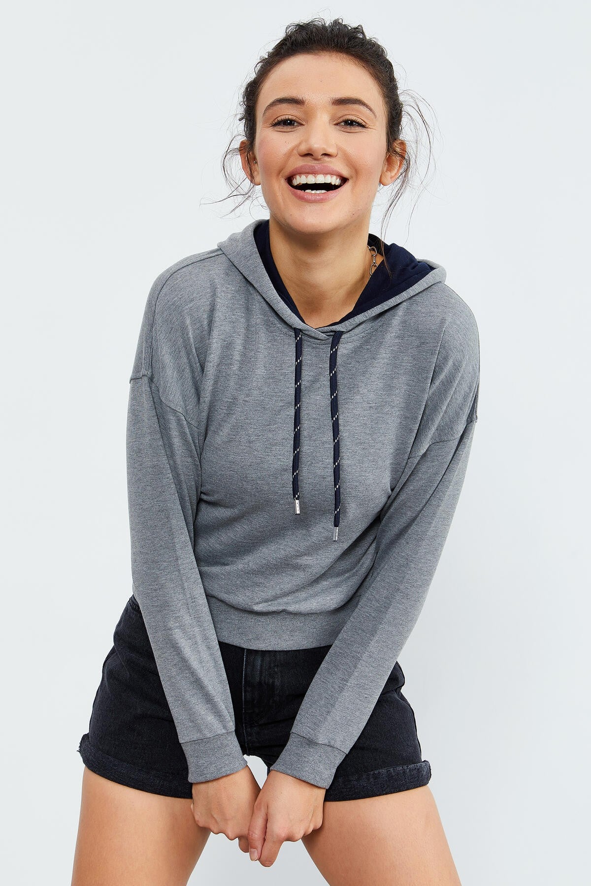Image of Gri Melanj Uzun Kol Rahat Form Kapüşonlu Kadın Sweatshirt - 97115
