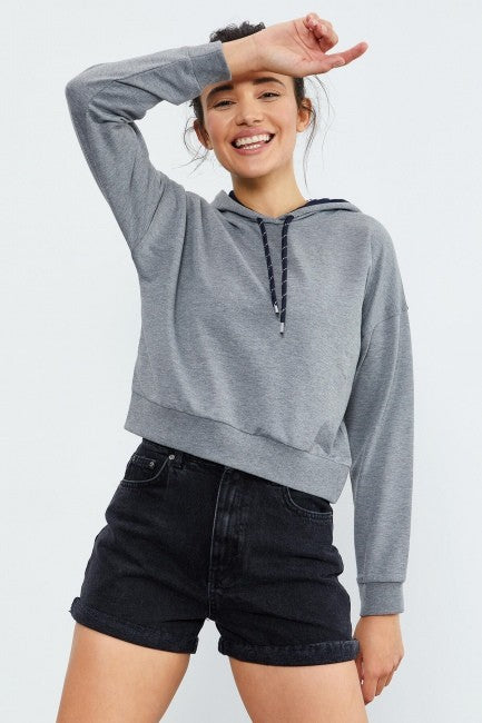Image of Gri Melanj Uzun Kol Rahat Form Kapüşonlu Kadın Sweatshirt - 97115
