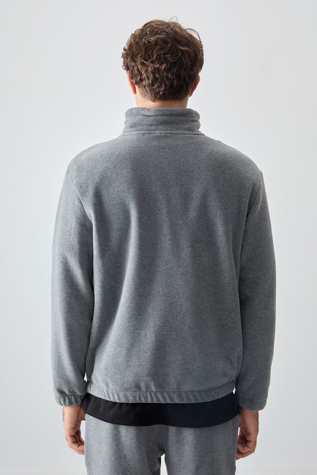 Image of Gri Melanj Yarım Fermuar Dik Yaka Lastik Paça Polar Erkek Eşofman Takımı - 85159