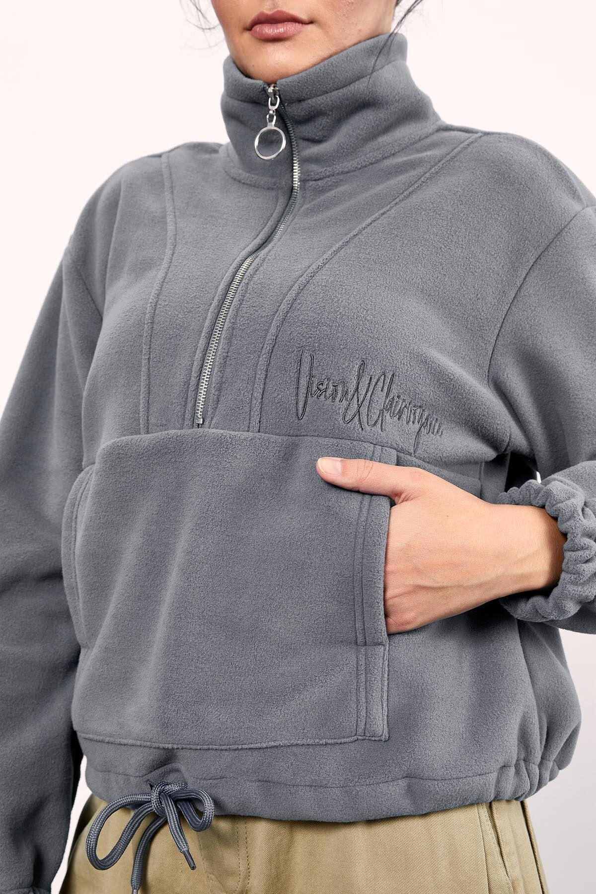 Image of Gri Melanj Yarım Fermuar Etek Ucu Büzgülü Kadın Polar Oversize Sweatshirt - 97171