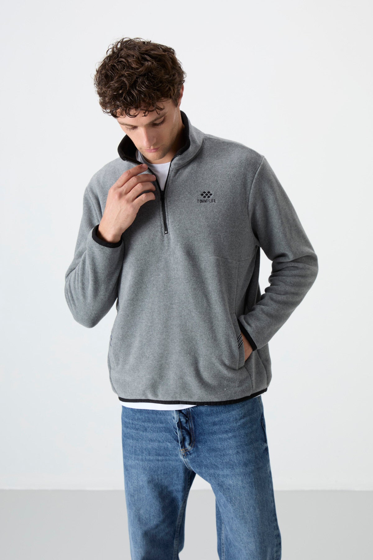 Image of Gri Melanj Yarım Fermuarlı Sweatshirt Slim Fit Dik Yaka Erkek Polar - 87891