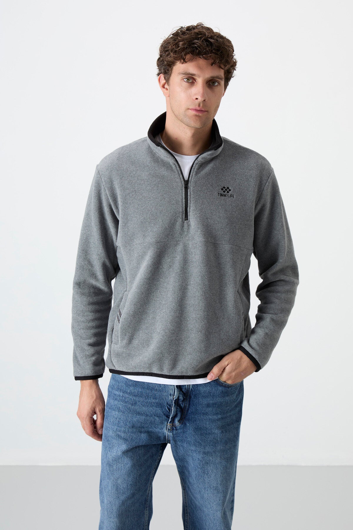 Image of Gri Melanj Yarım Fermuarlı Sweatshirt Slim Fit Dik Yaka Erkek Polar - 87891