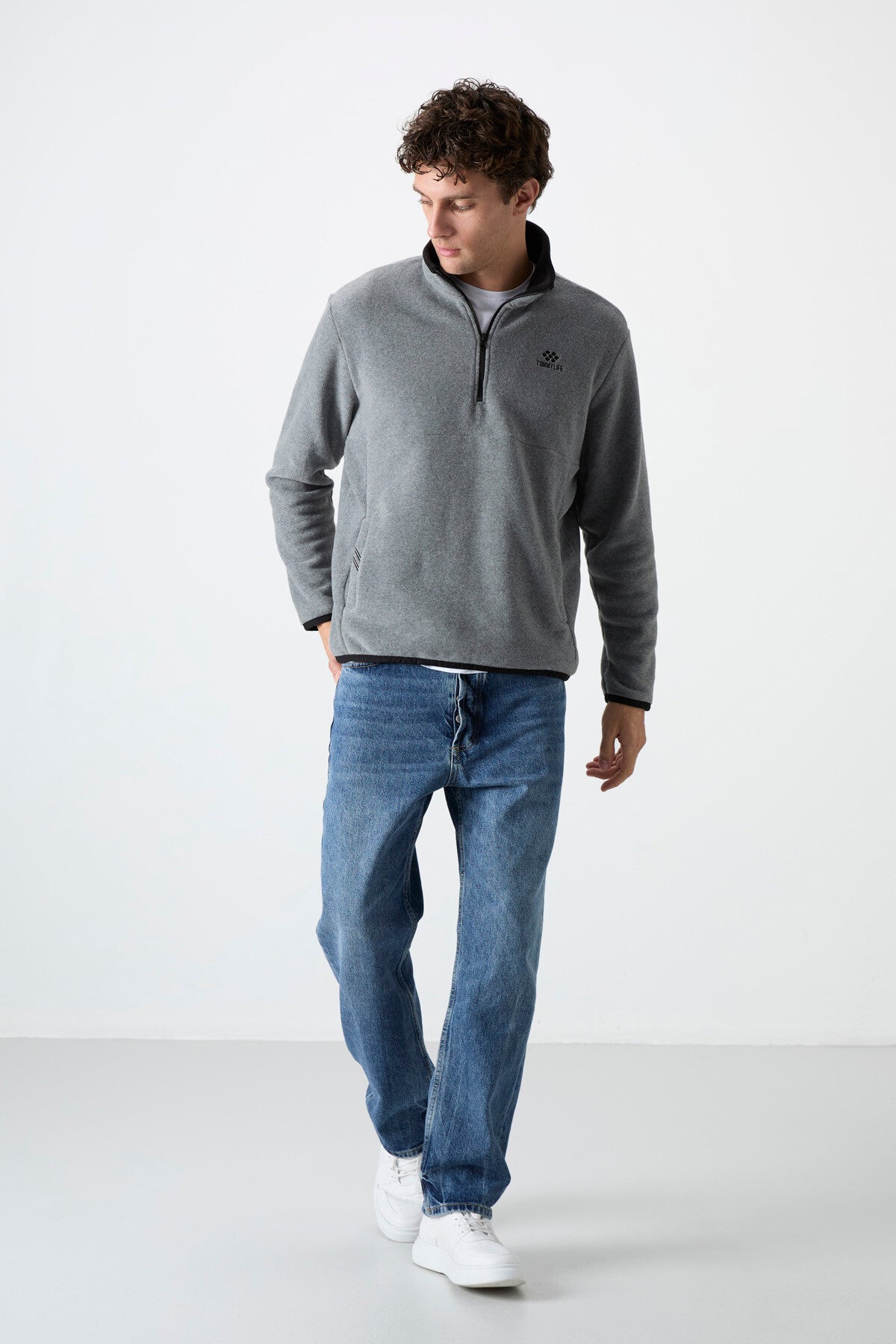 Image of Gri Melanj Yarım Fermuarlı Sweatshirt Slim Fit Dik Yaka Erkek Polar - 87891