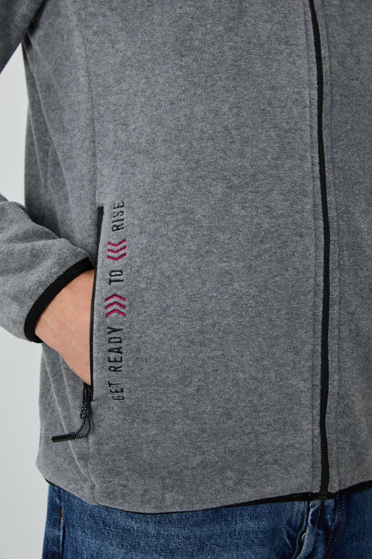 Image of Gri Melanj Yazı Nakışlı Dik Yaka Fermuarlı Standart Kalıp Erkek Sweatshirt Polar - 87992