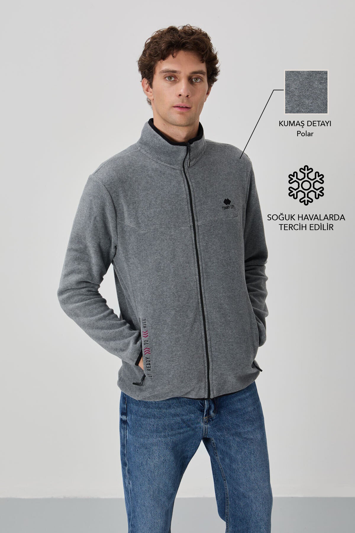 Image of Gri Melanj Yazı Nakışlı Dik Yaka Fermuarlı Standart Kalıp Erkek Sweatshirt Polar - 87992
