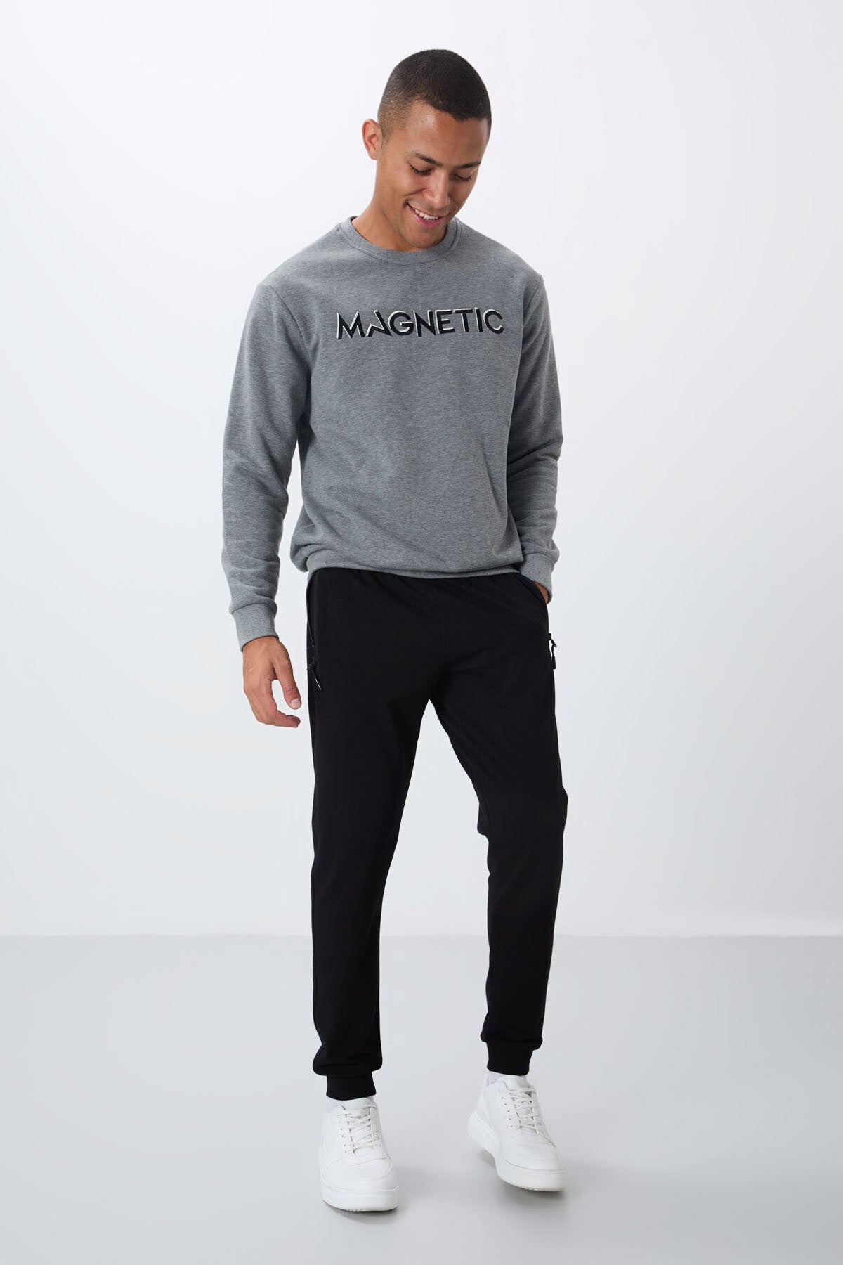 Image of Gri Melanj Yazı Nakışlı O Yaka Rahat Form İçi Polarlı Erkek Sweatshirt - 88020