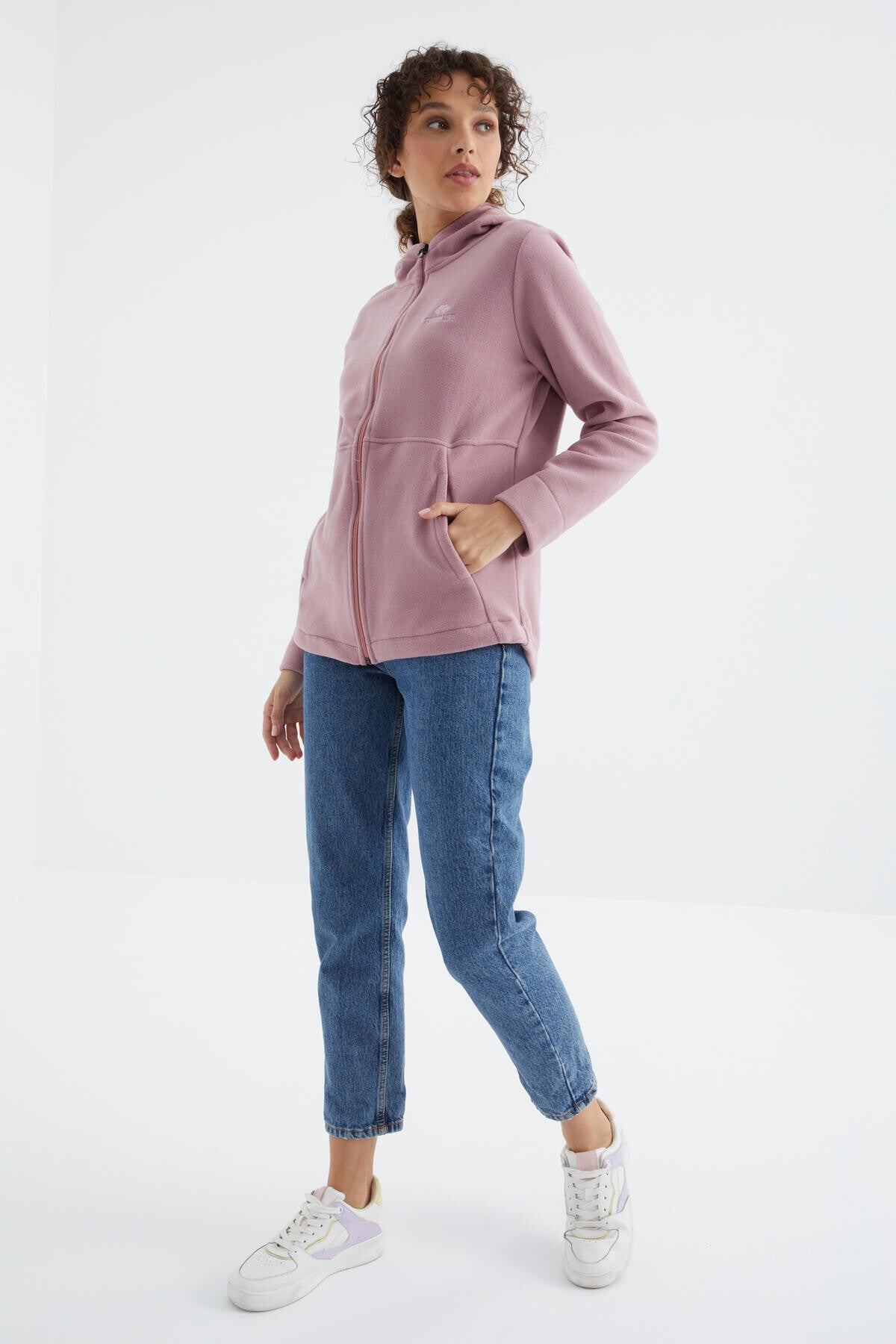 Image of Gül Kurusu Kapüşonlu Fermuarlı Rahat Form Kadın Polar Sweatshirt - 97233