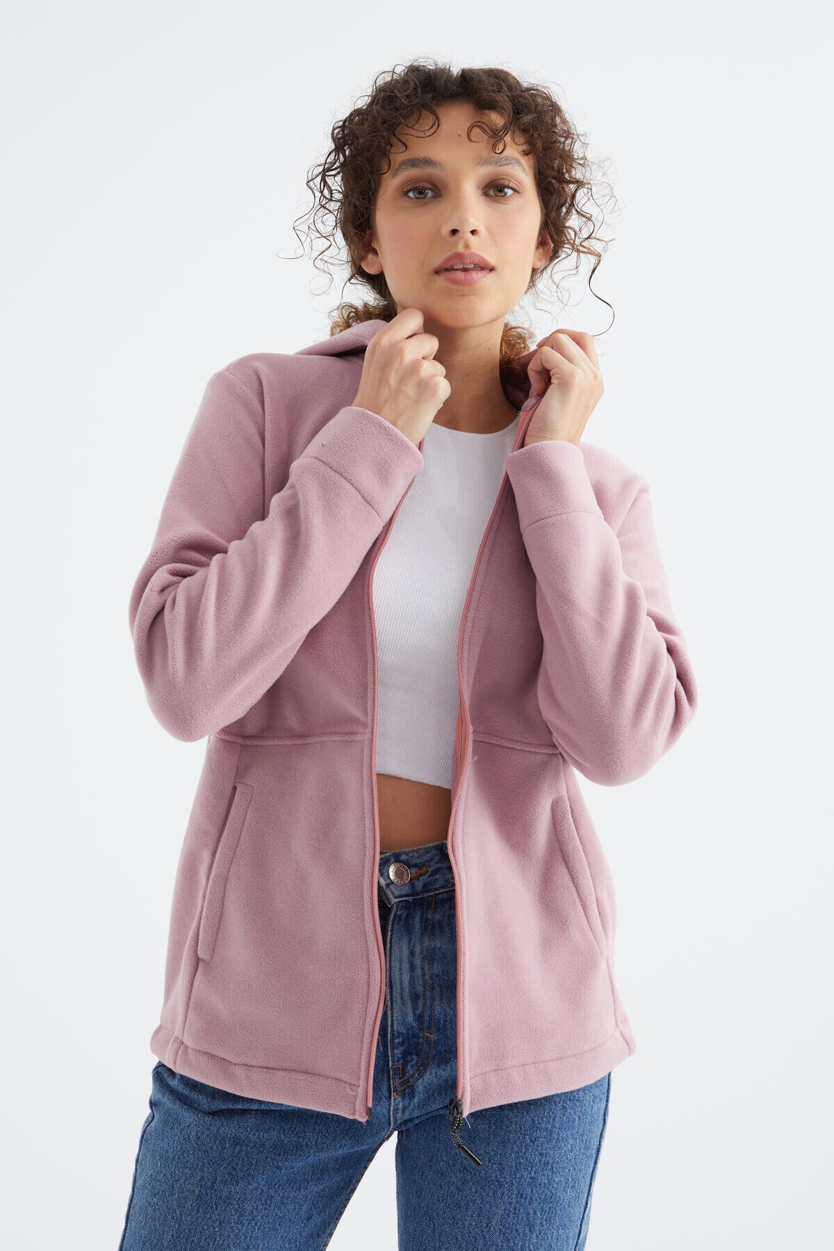 Image of Gül Kurusu Kapüşonlu Fermuarlı Rahat Form Kadın Polar Sweatshirt - 97233