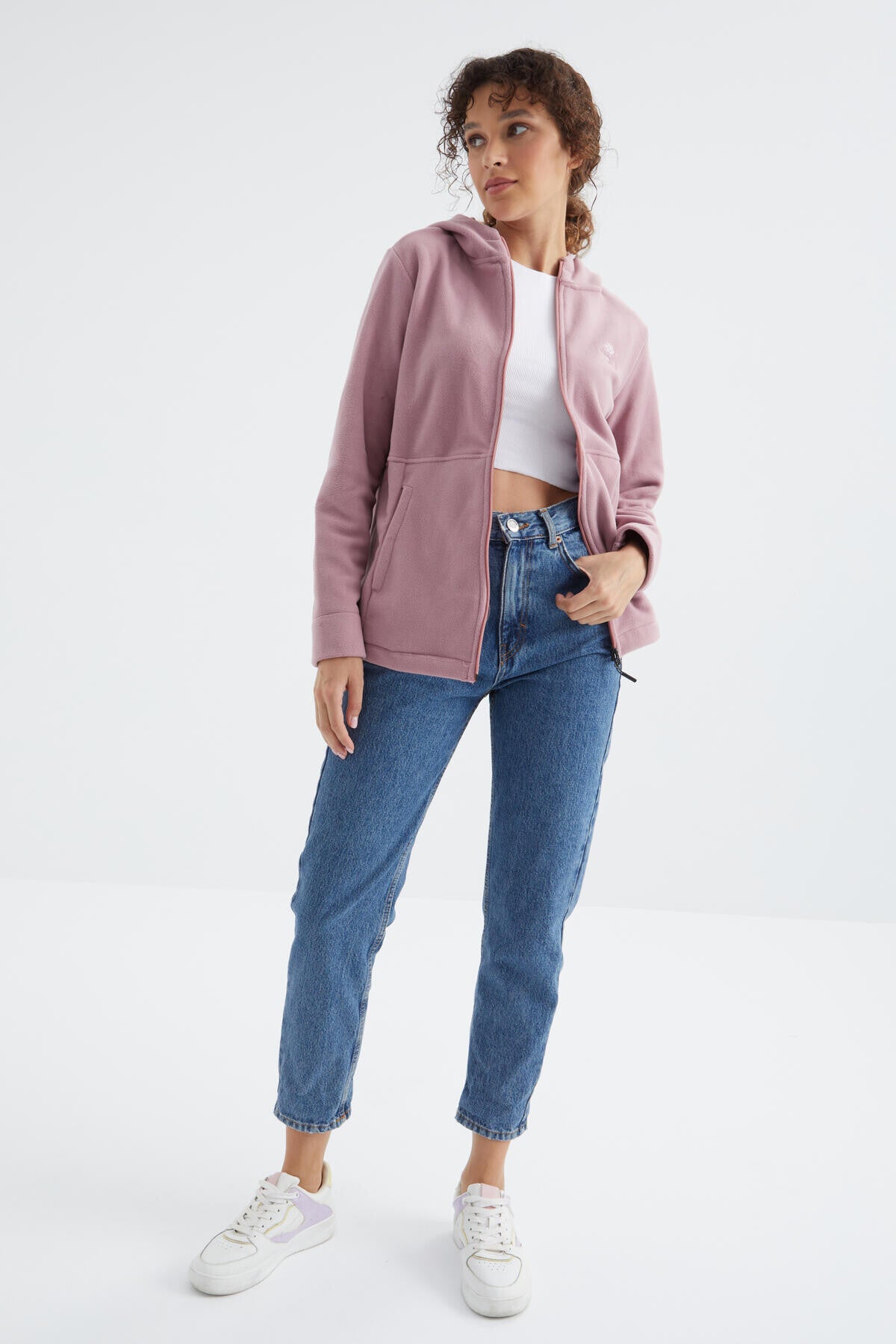 Image of Hanorac din fleece pentru femei, roz, cu glugă și fermoar, croială confortabilă - 97233