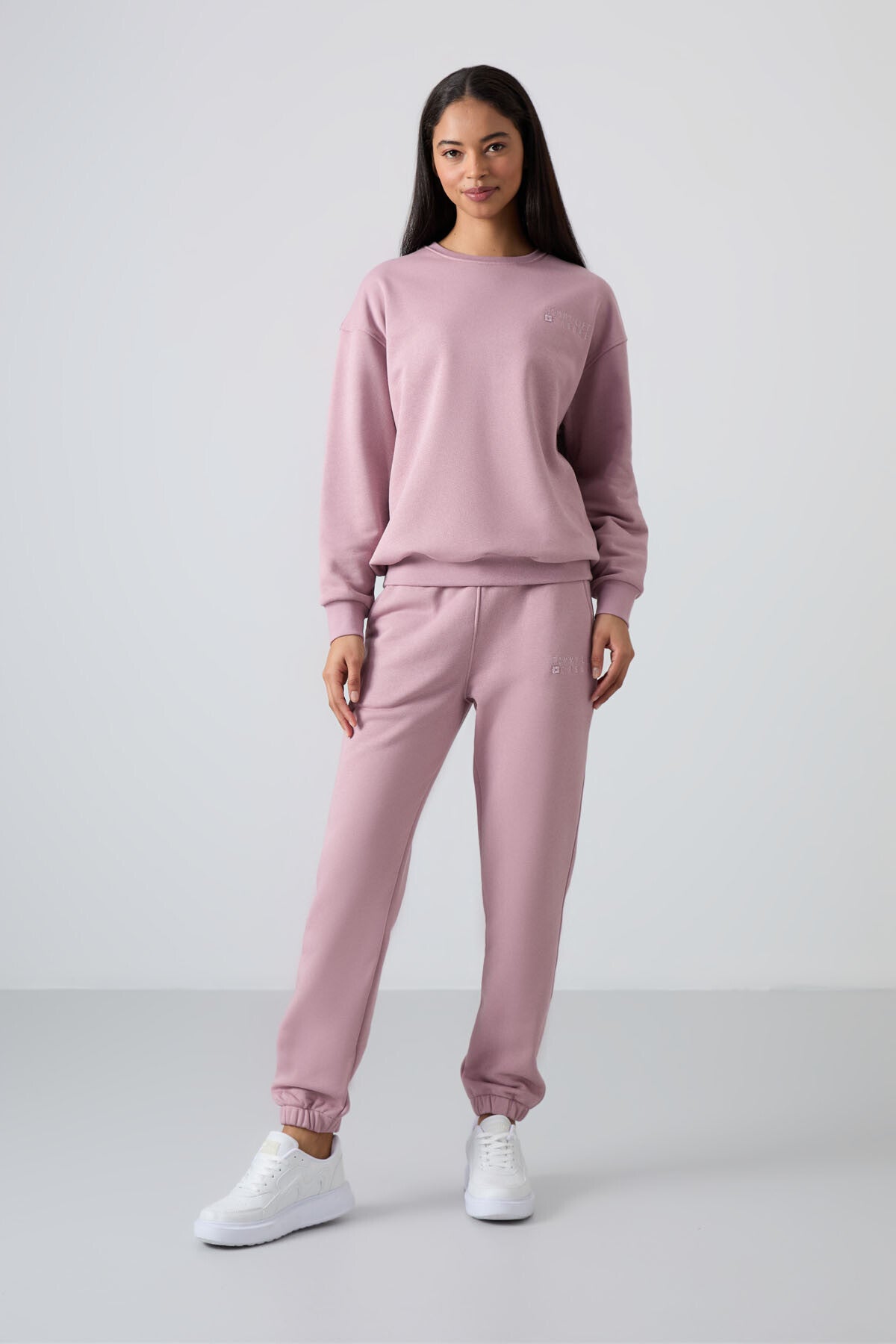 Image of Gül Kurusu Basic Pamuklu O Yaka Oversize Lastik Paça Kadın Eşofman Takım - 95287