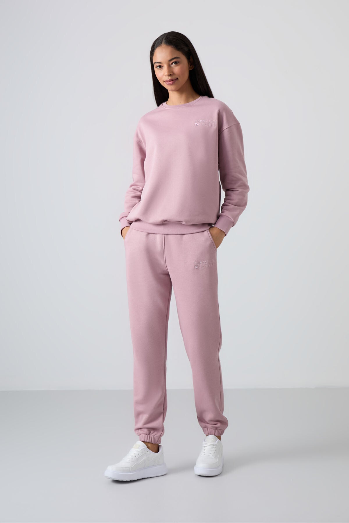 Image of Gül Kurusu Basic Pamuklu O Yaka Oversize Lastik Paça Kadın Eşofman Takım - 95287