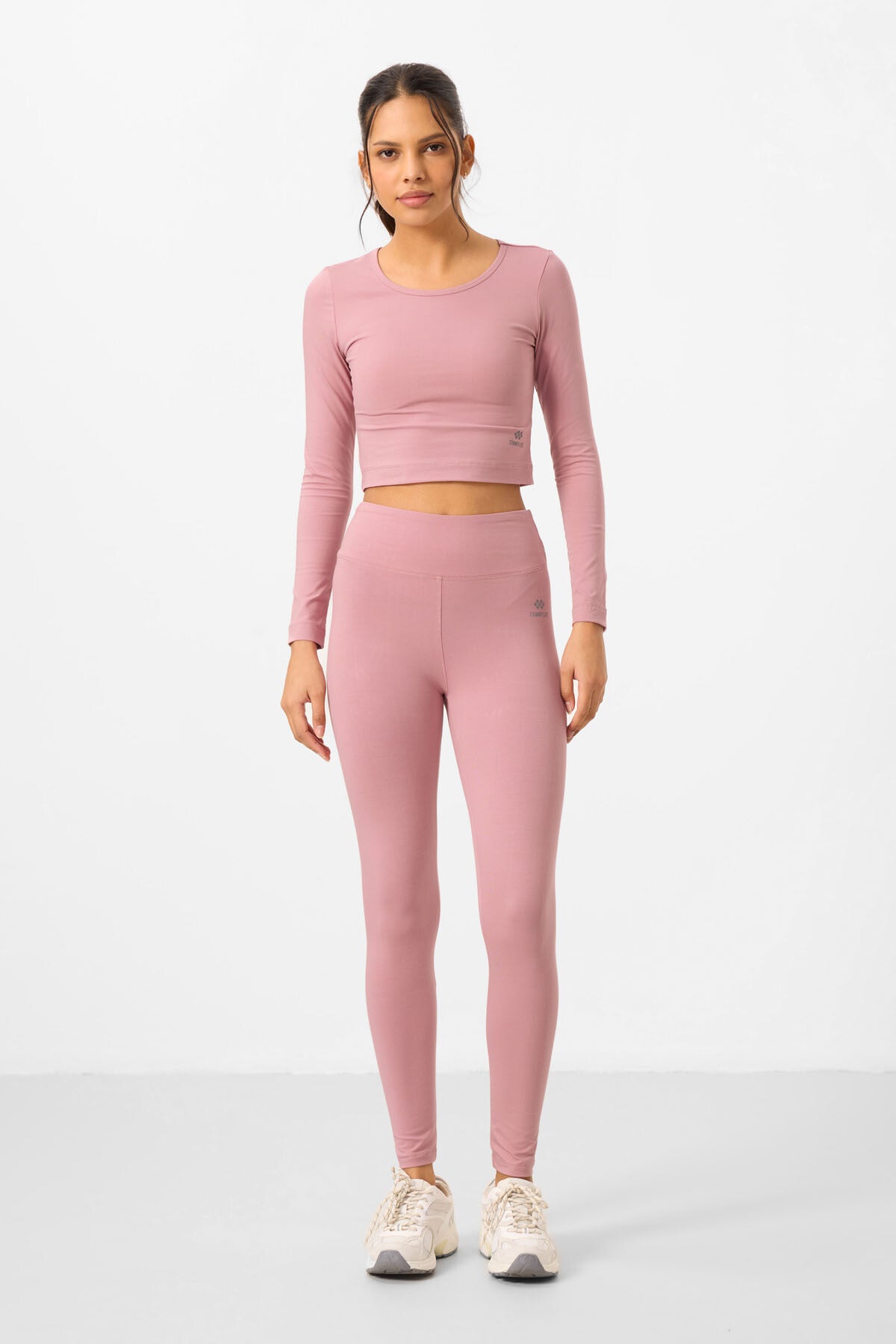 Image of Gül Kurusu Yüksek Bel Uzun Kollu Slim Fit Crop Top Kadın Tayt Takım - 95286