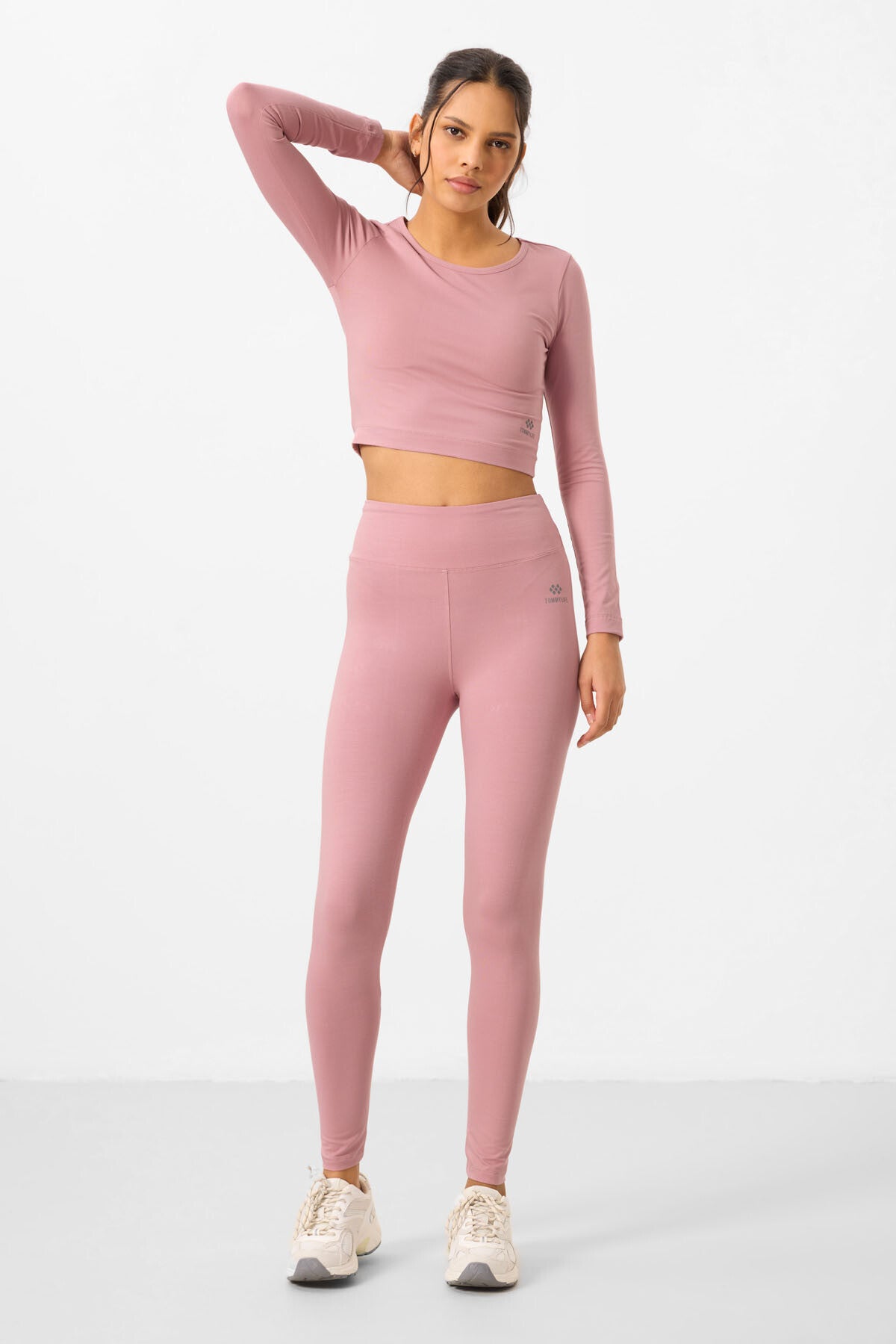 Image of Gül Kurusu Yüksek Bel Uzun Kollu Slim Fit Crop Top Kadın Tayt Takım - 95286