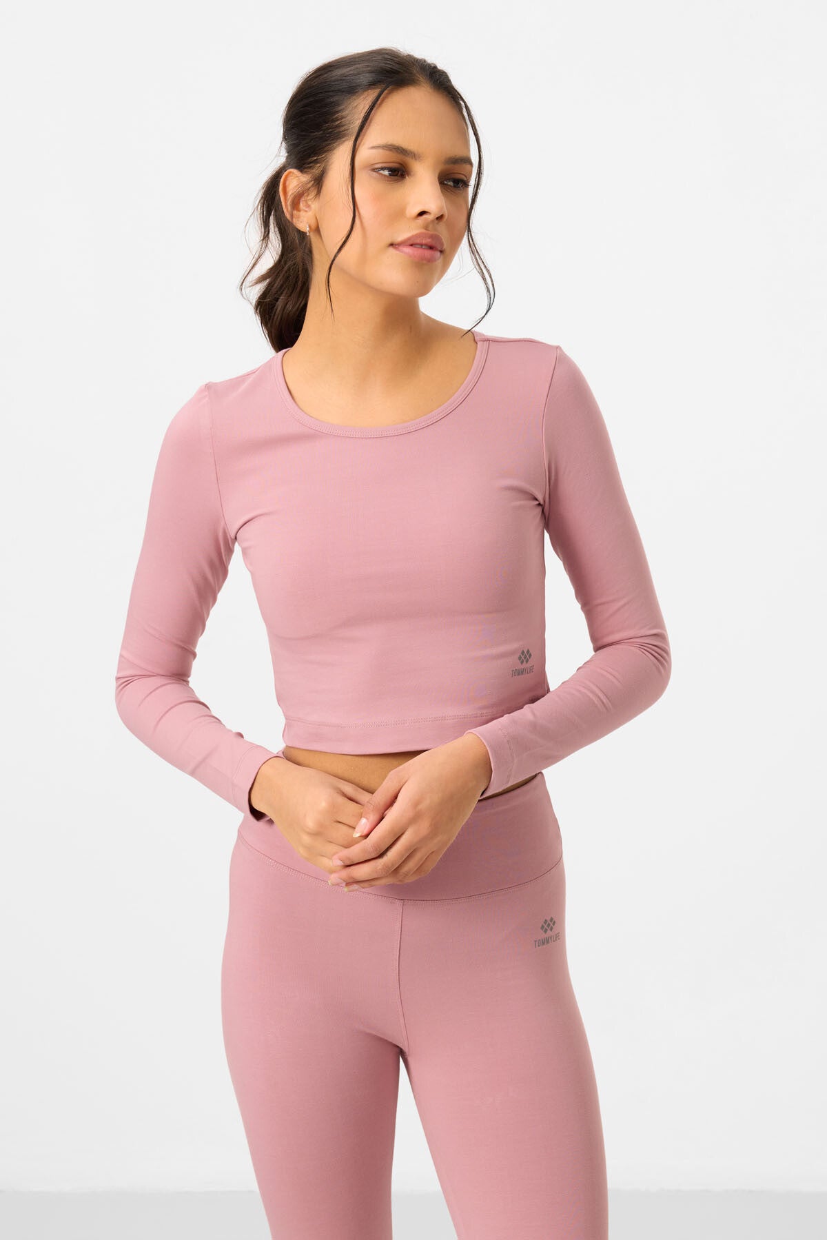 Image of Gül Kurusu Yüksek Bel Uzun Kollu Slim Fit Crop Top Kadın Tayt Takım - 95286
