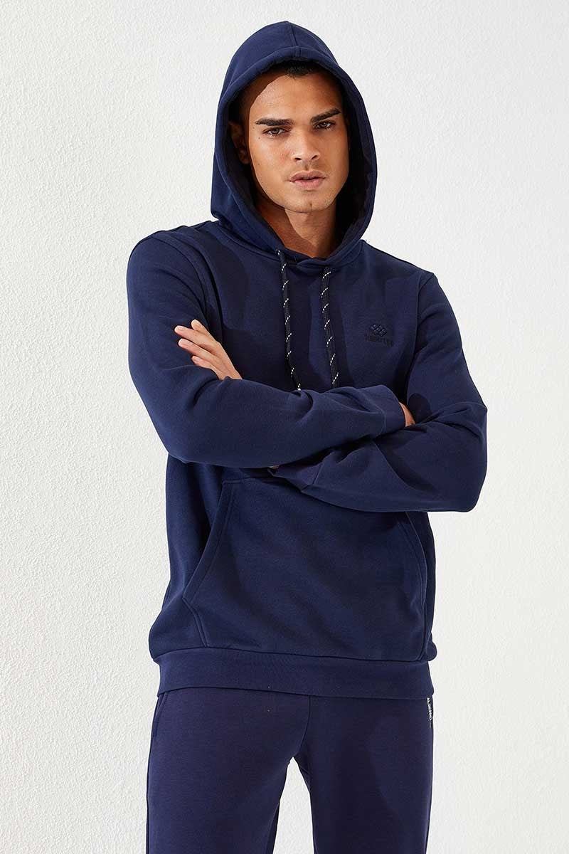Image of İndigo Kanguru Cep Standart Kalıp Kapüşonlu Erkek Sweatshirt - 87872