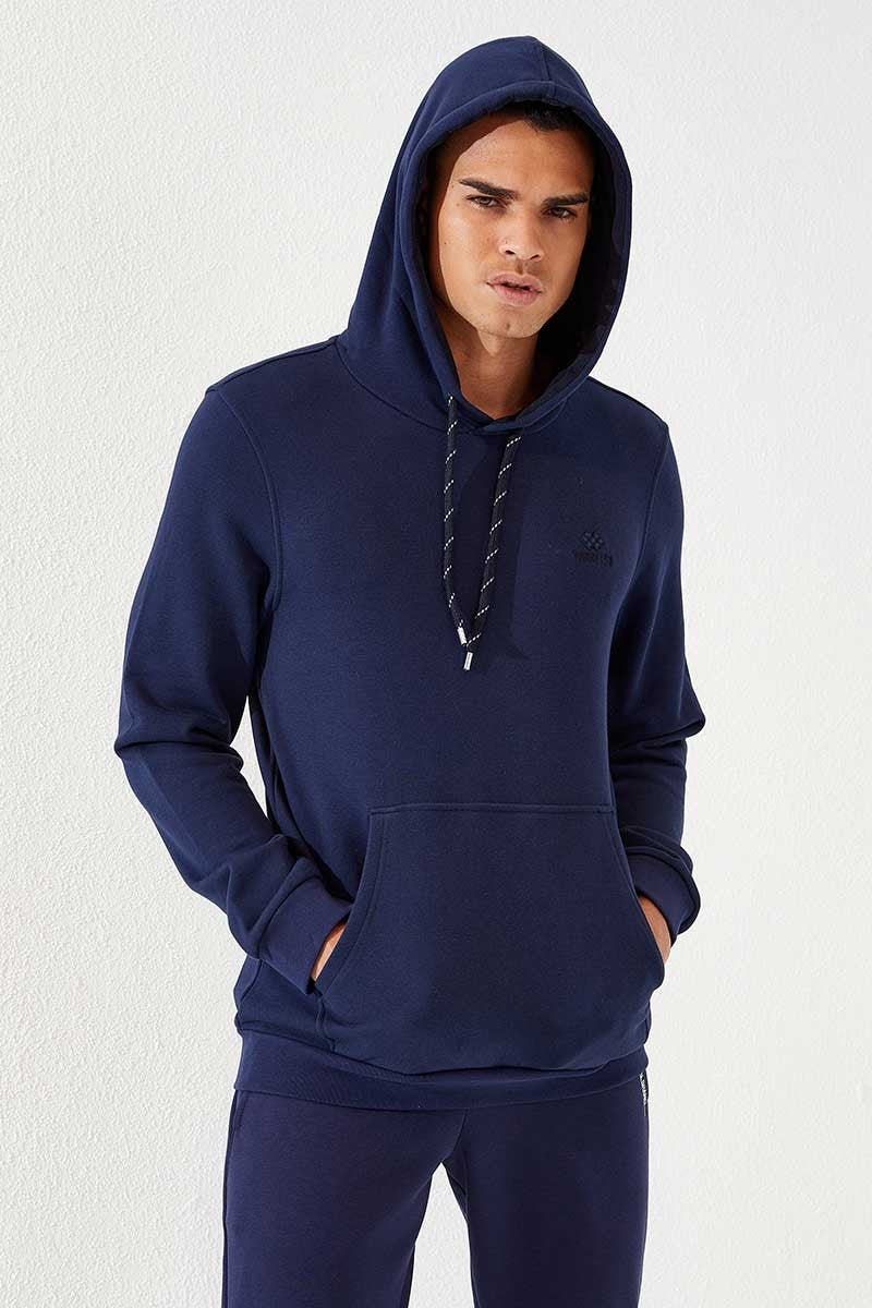 Image of İndigo Kanguru Cep Standart Kalıp Kapüşonlu Erkek Sweatshirt - 87872