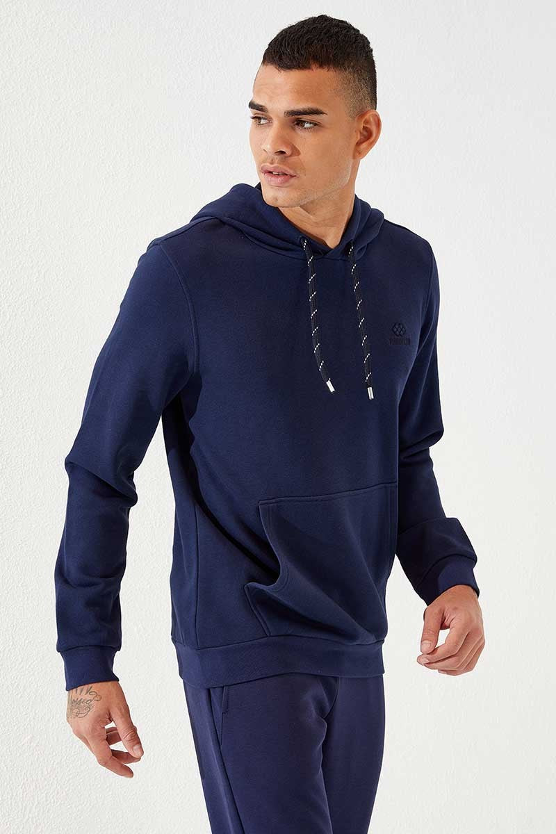 Image of İndigo Kanguru Cep Standart Kalıp Kapüşonlu Erkek Sweatshirt - 87872