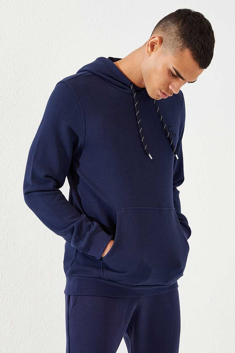 Image of İndigo Kanguru Cep Standart Kalıp Kapüşonlu Erkek Sweatshirt - 87872