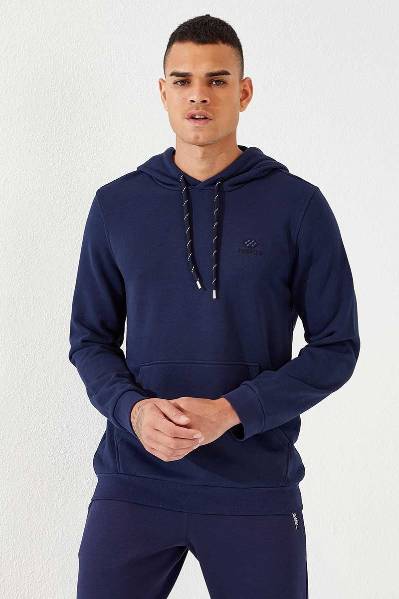 Image of İndigo Kanguru Cep Standart Kalıp Kapüşonlu Erkek Sweatshirt - 87872