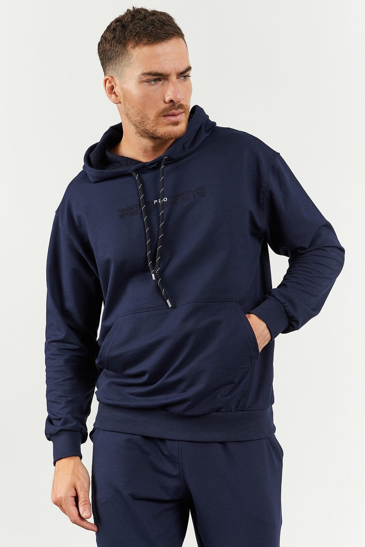 Image of İndigo Kapüşonlu Kanguru Cep Lastik Paça Erkek Oversize Eşofman Takımı - 85117