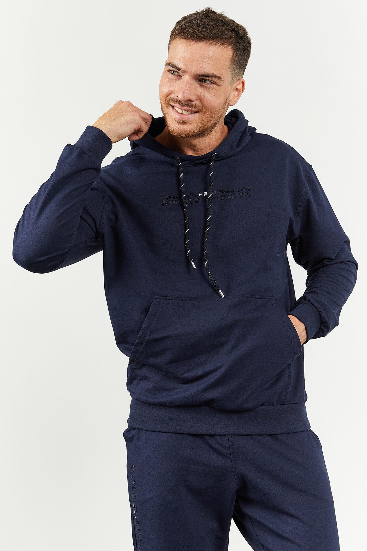 Image of İndigo Kapüşonlu Kanguru Cep Lastik Paça Erkek Oversize Eşofman Takımı - 85117
