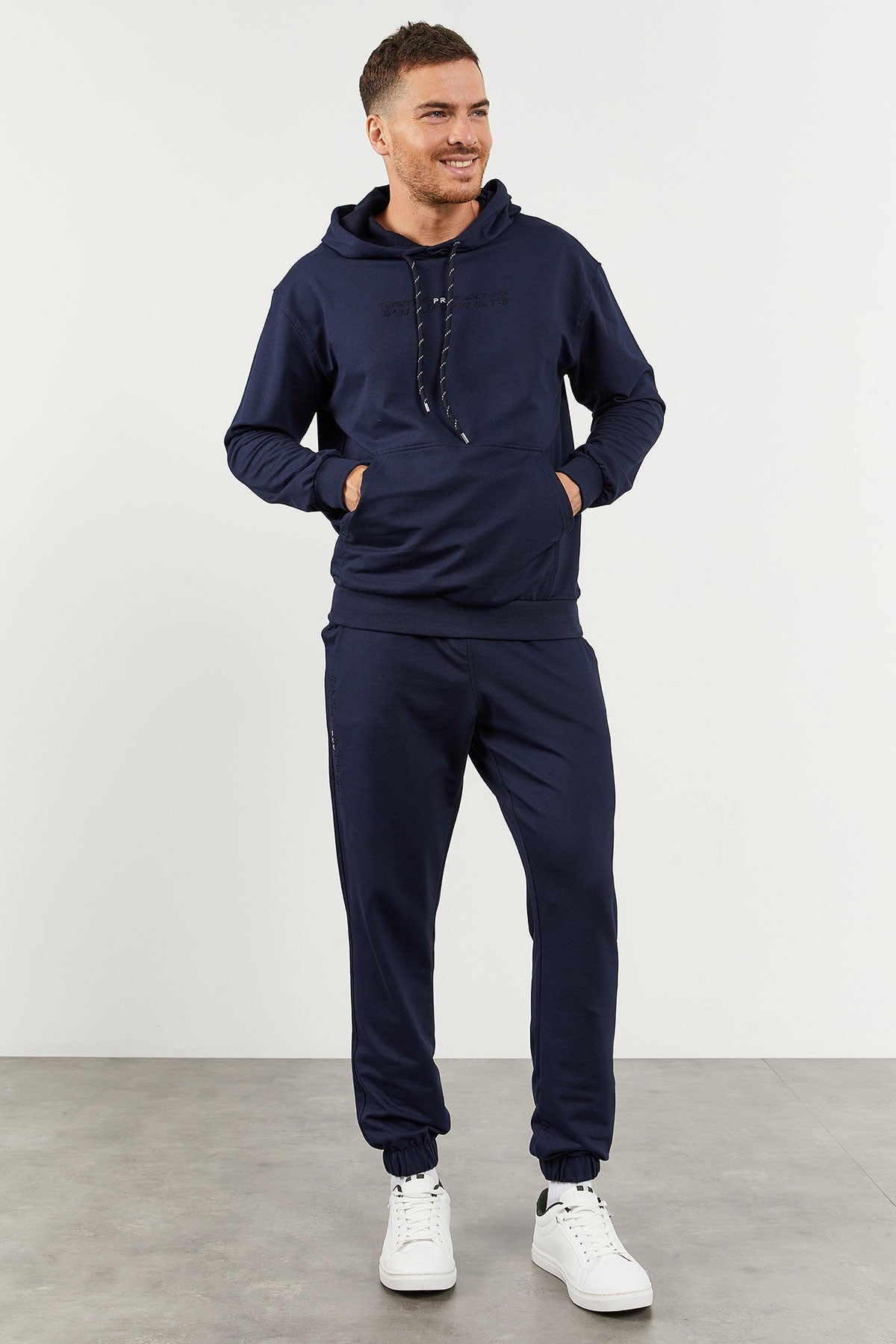 Image of İndigo Kapüşonlu Kanguru Cep Lastik Paça Erkek Oversize Eşofman Takımı - 85117