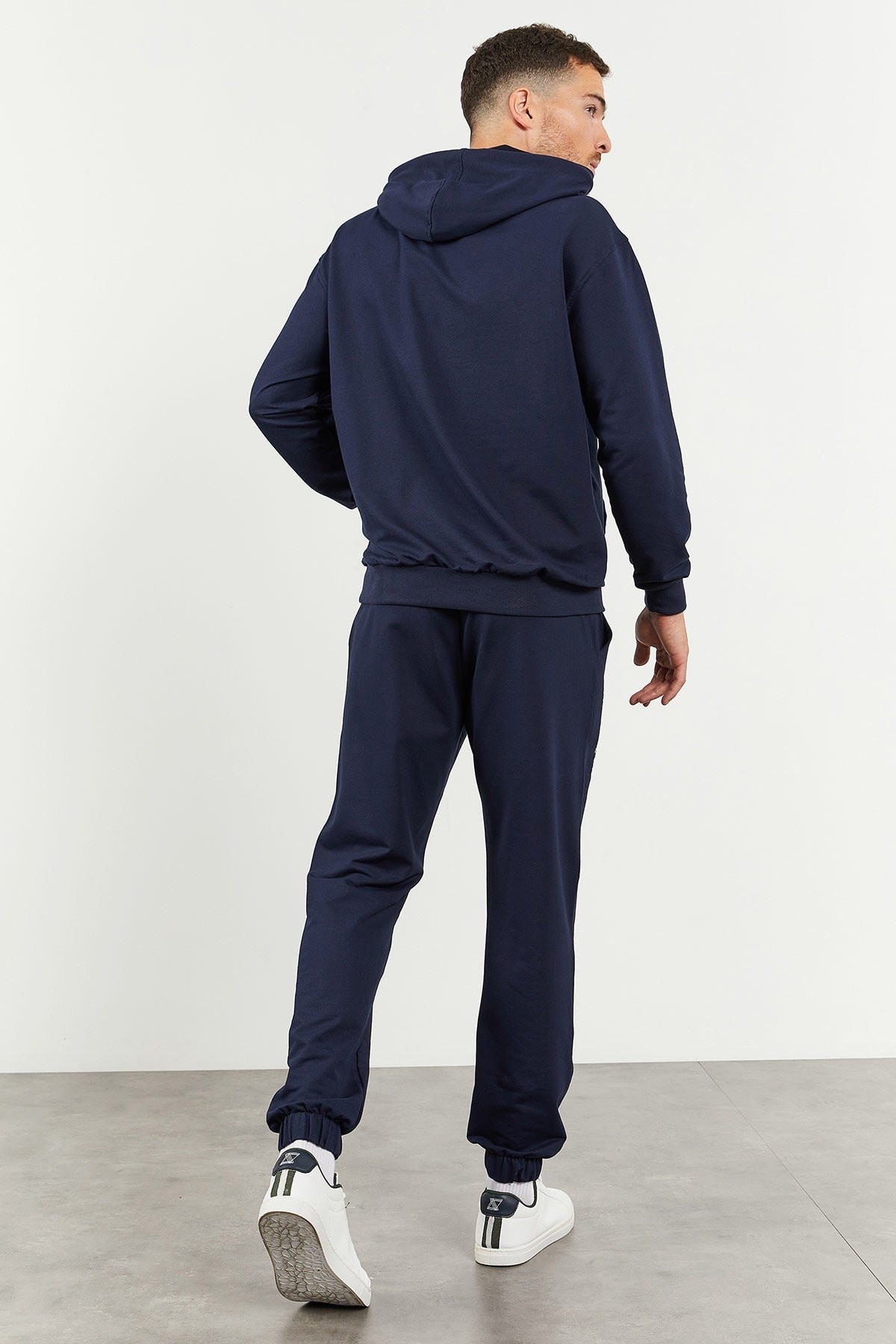 Image of İndigo Kapüşonlu Kanguru Cep Lastik Paça Erkek Oversize Eşofman Takımı - 85117