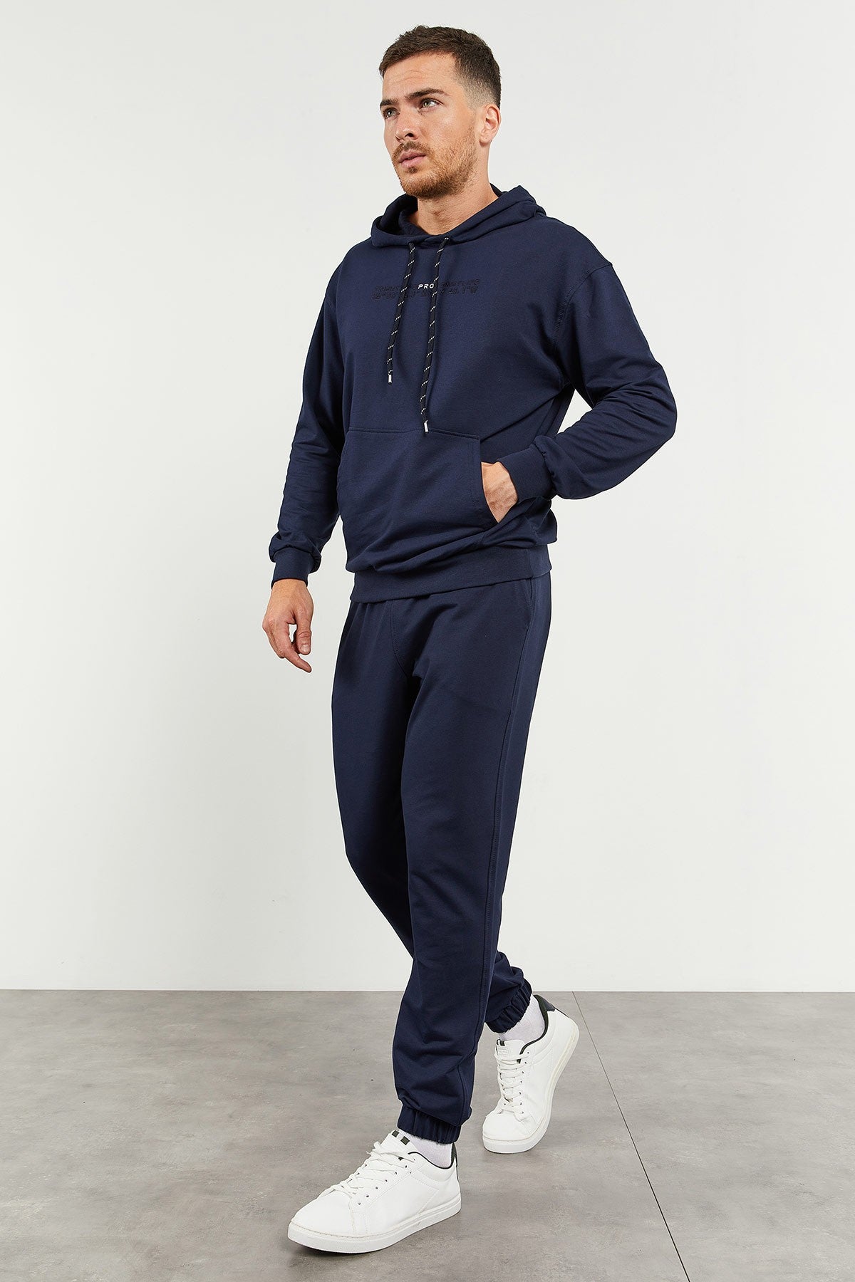 Image of İndigo Kapüşonlu Kanguru Cep Lastik Paça Erkek Oversize Eşofman Takımı - 85117