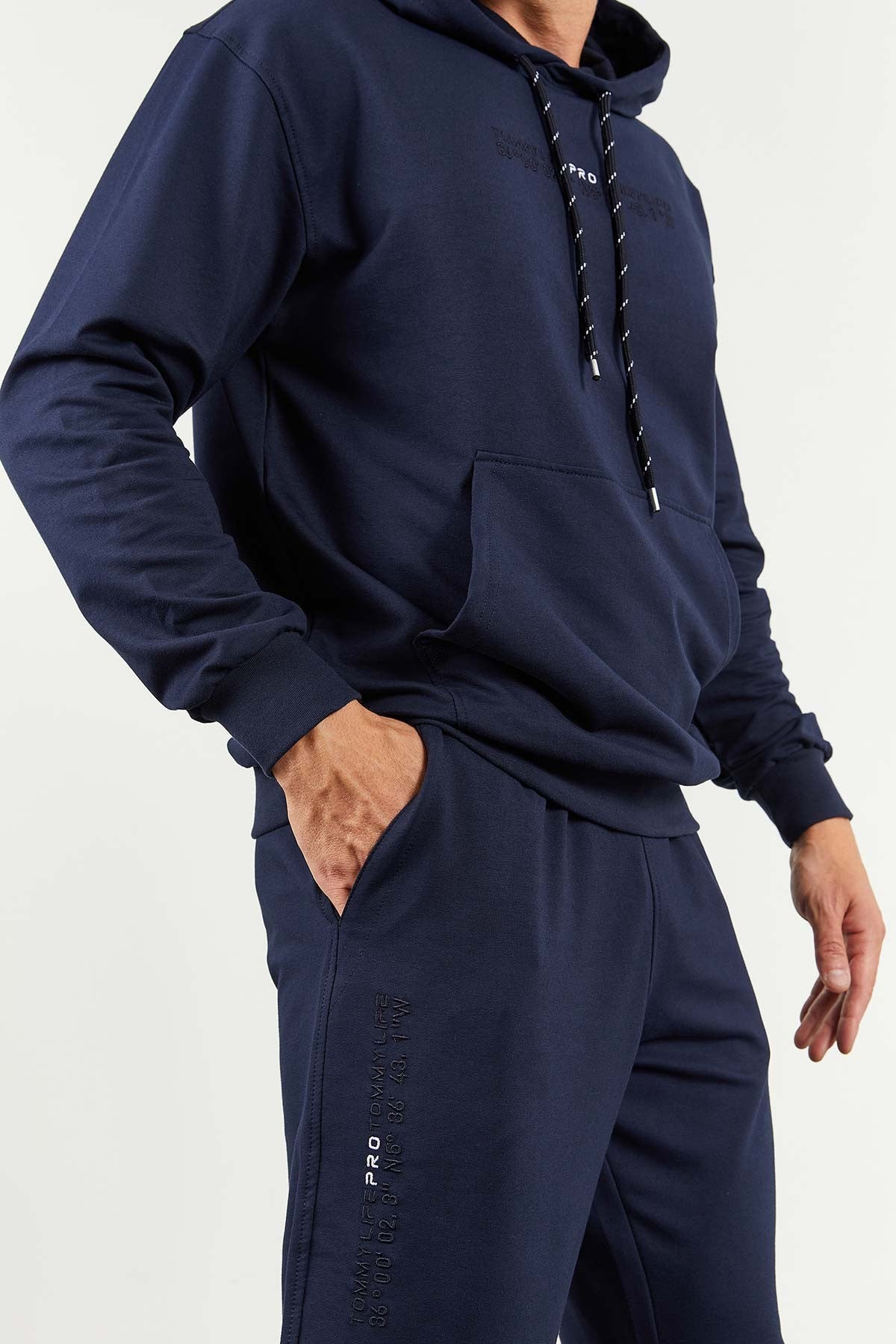 Image of İndigo Kapüşonlu Kanguru Cep Lastik Paça Erkek Oversize Eşofman Takımı - 85117