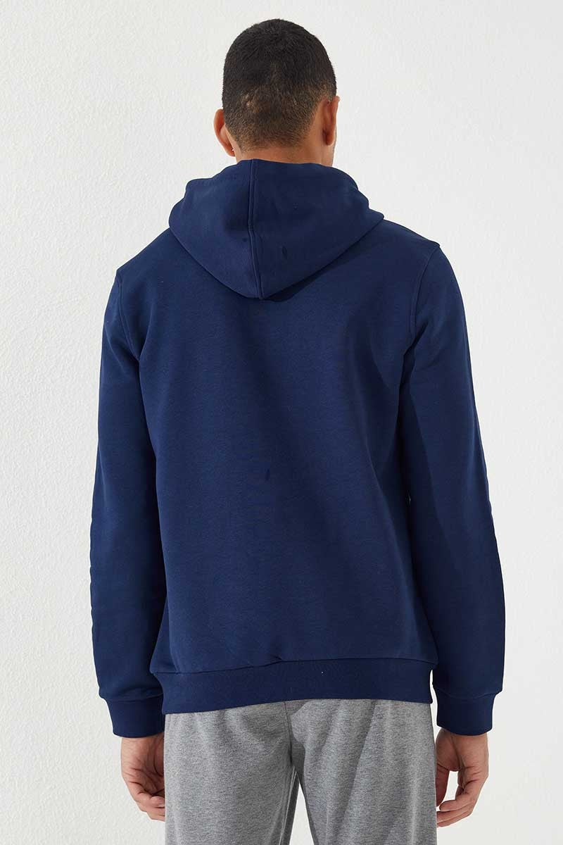 Image of İndigo Nakışlı Kanguru Cep Standart Kalıp Kapüşonlu Erkek Sweatshirt - 87839