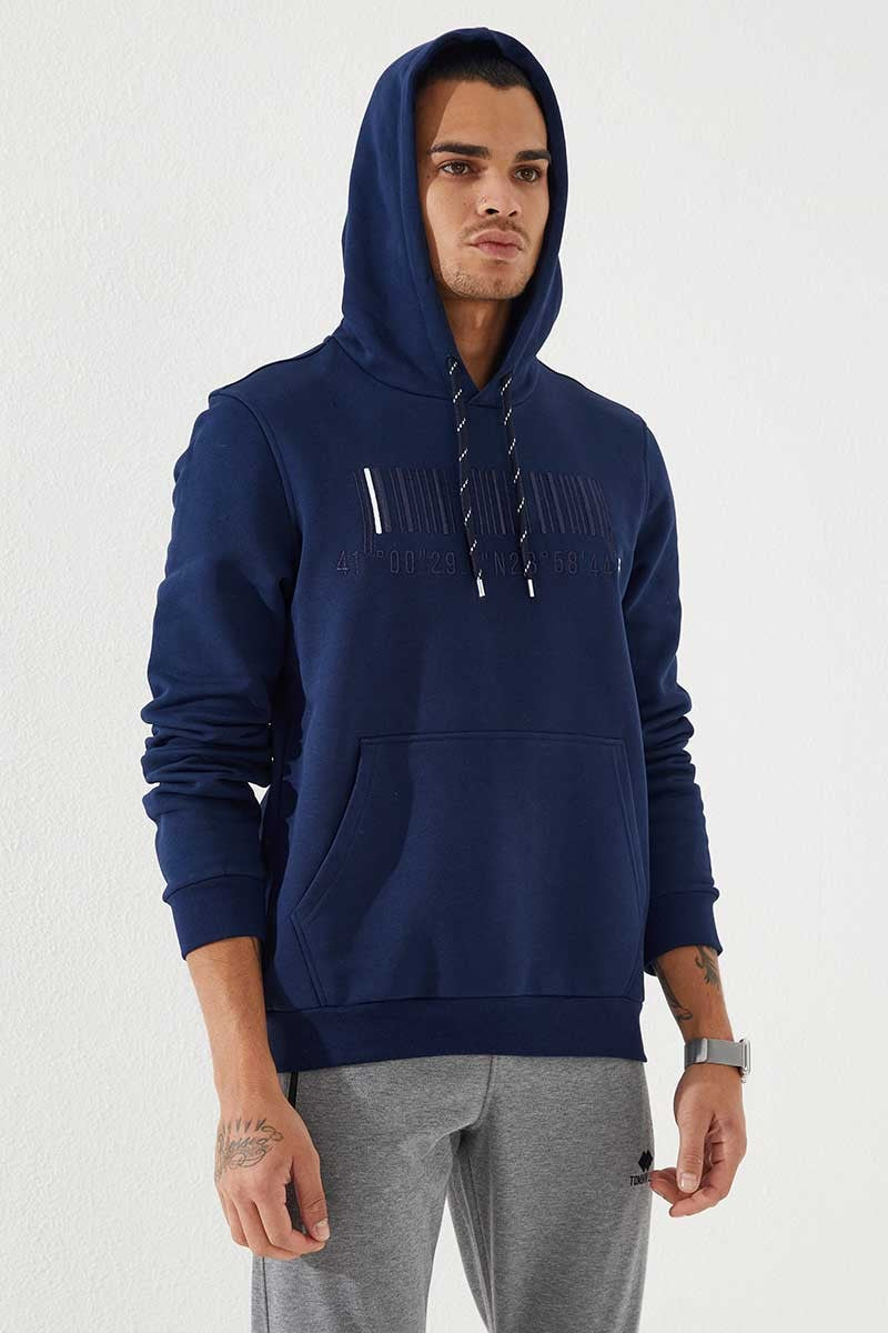 Image of İndigo Nakışlı Kanguru Cep Standart Kalıp Kapüşonlu Erkek Sweatshirt - 87839
