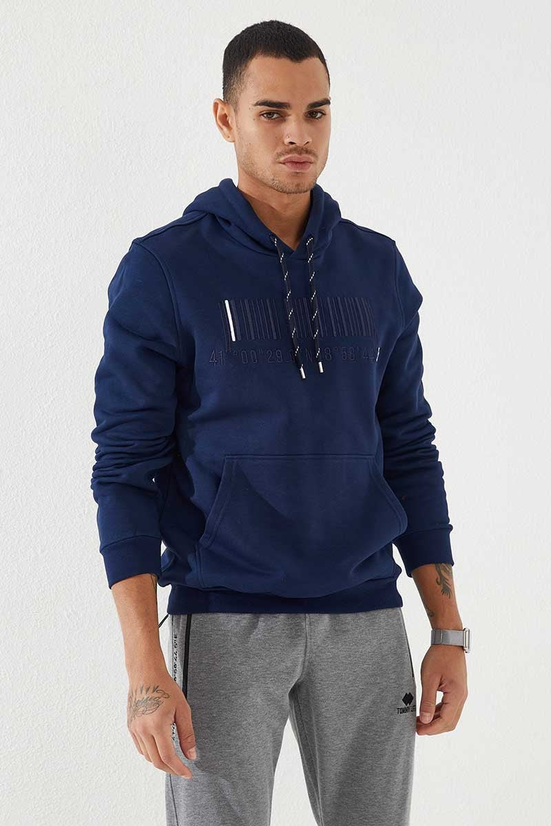 Image of İndigo Nakışlı Kanguru Cep Standart Kalıp Kapüşonlu Erkek Sweatshirt - 87839