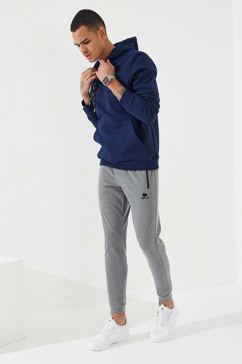 Image of İndigo Nakışlı Kanguru Cep Standart Kalıp Kapüşonlu Erkek Sweatshirt - 87839