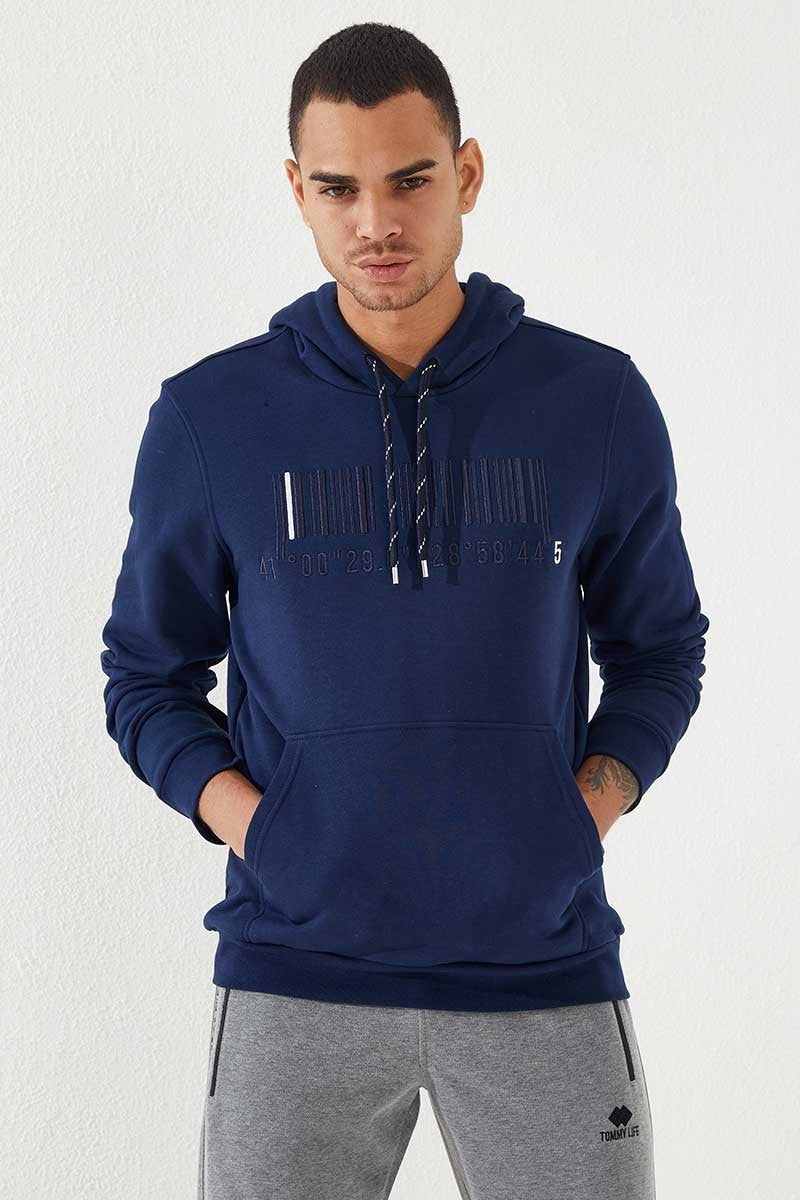 Image of İndigo Nakışlı Kanguru Cep Standart Kalıp Kapüşonlu Erkek Sweatshirt - 87839