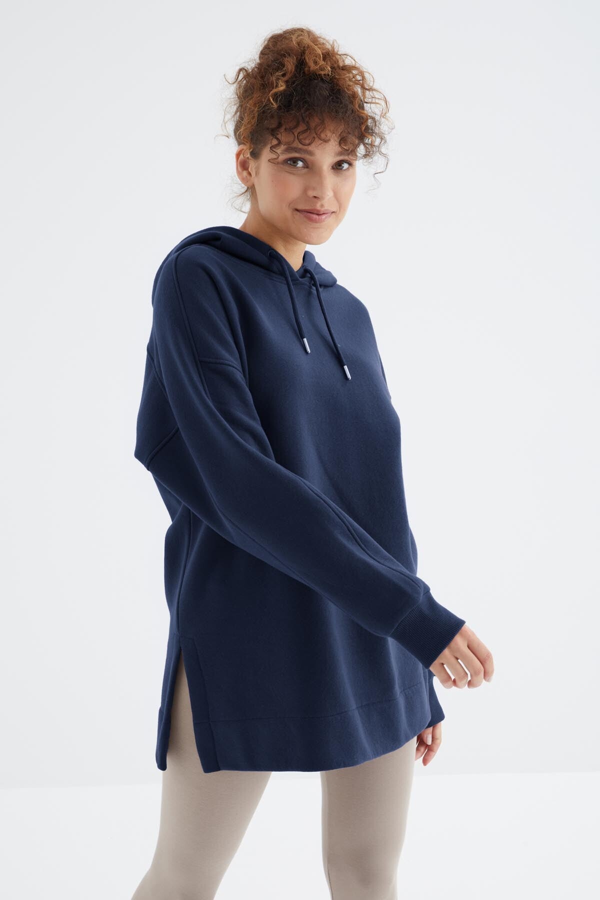 Image of Hanorac Indigo cu mânecă raglan, stil basic, cu glugă, supradimensionat - tunică - 97242