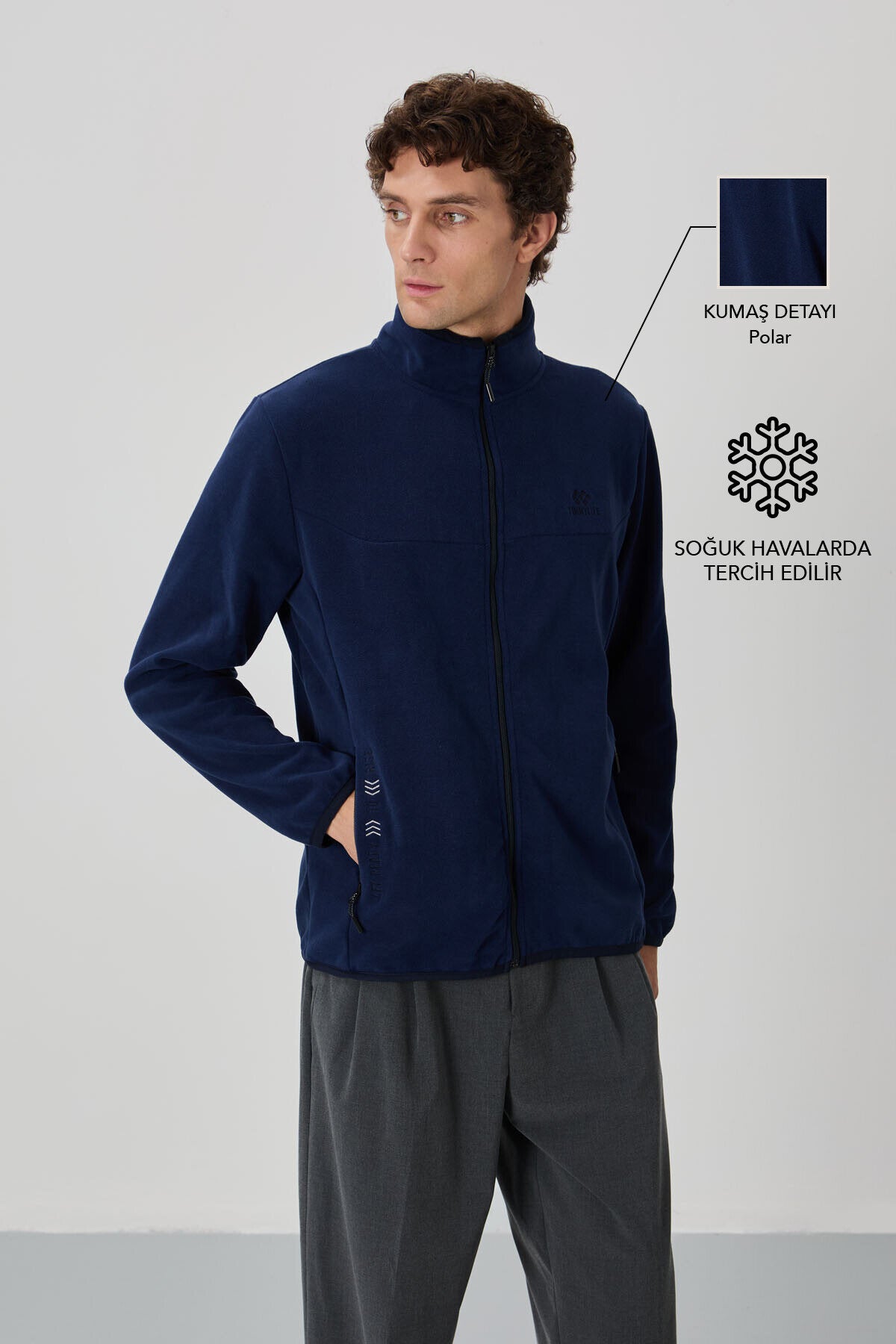 Image of İndigo Yazı Nakışlı Dik Yaka Fermuarlı Standart Kalıp Erkek Sweatshirt Polar - 87992